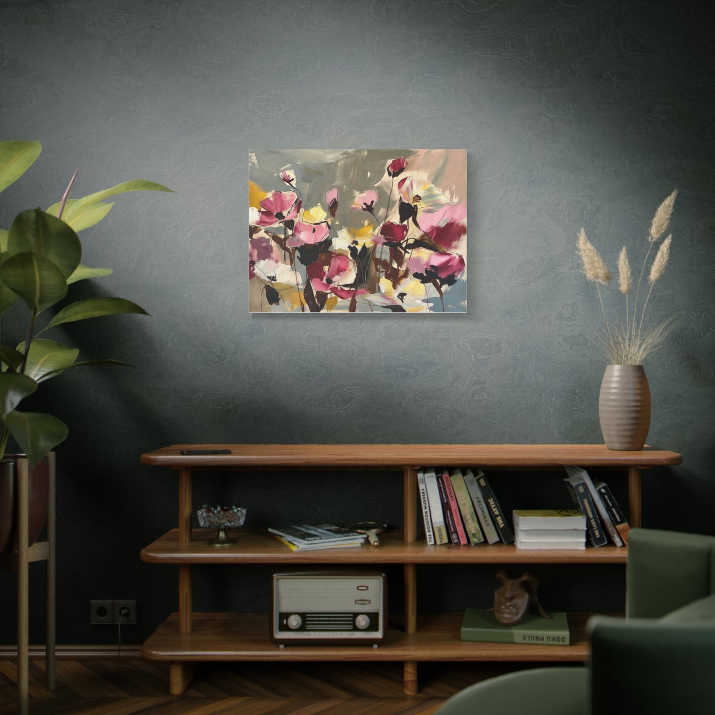 Floral Abstract Canvas Wall Art — Pink & Yellow Bloom Stretched Matte Print