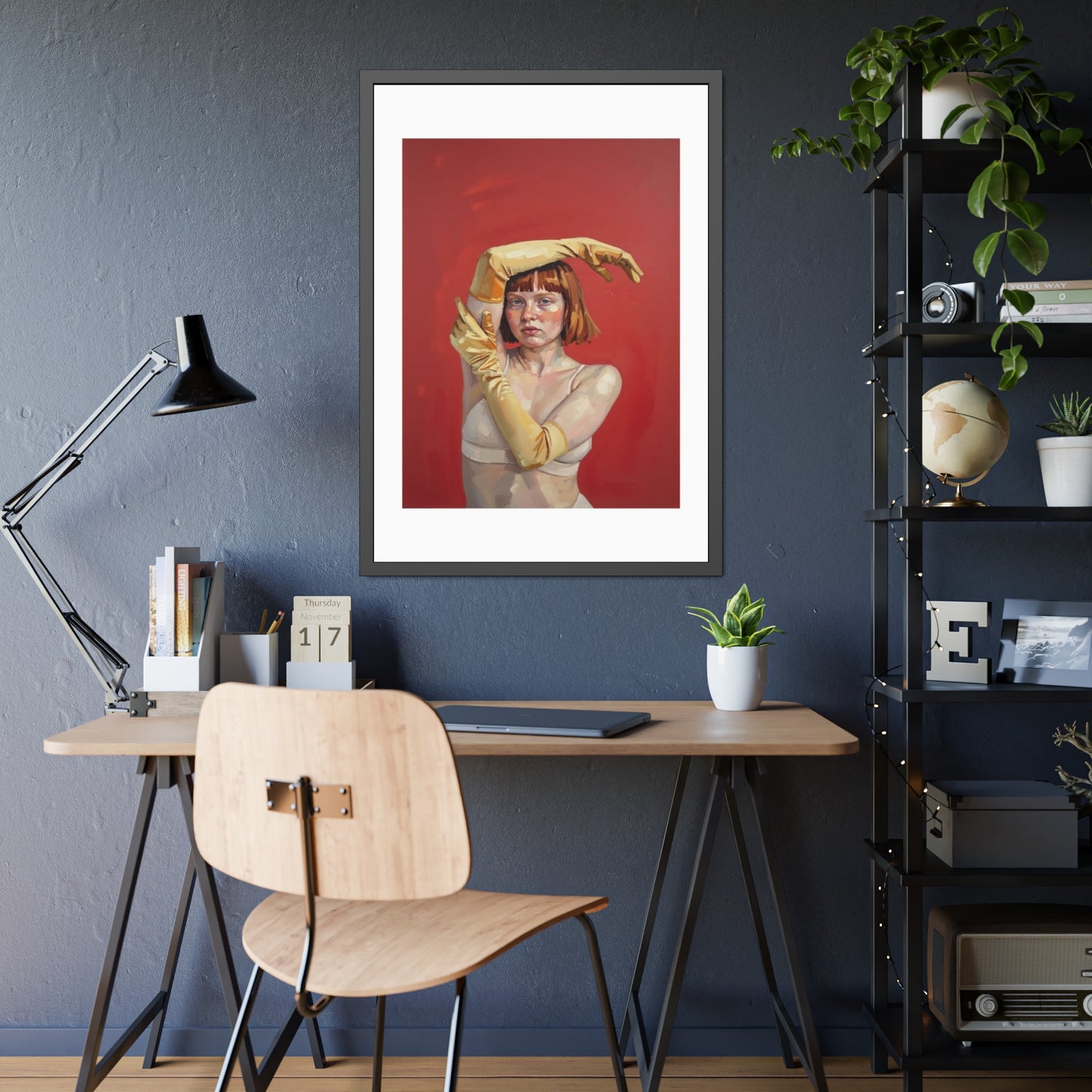 Framed Art Print — Retro Portrait with Yellow Gloves on Red Background