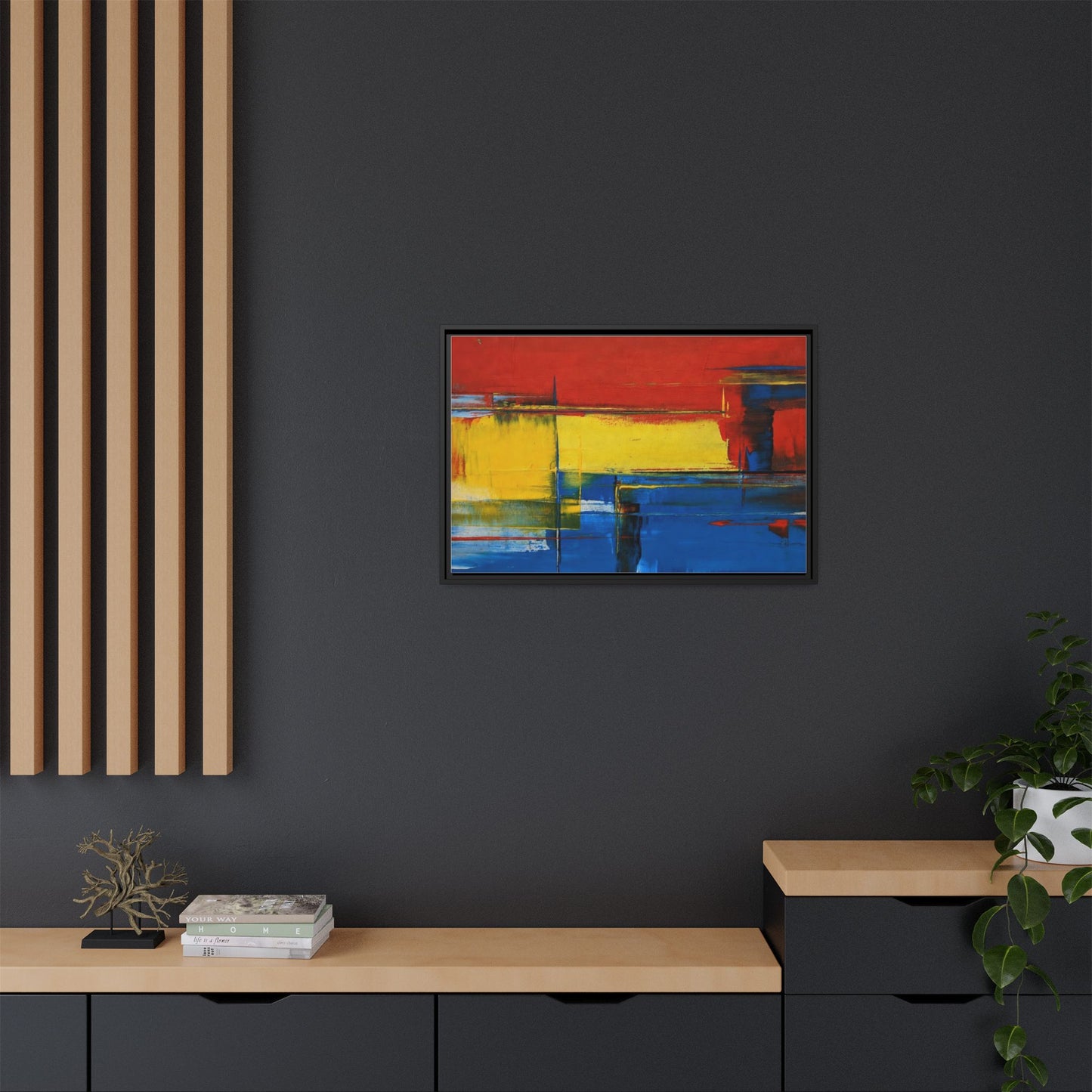 Abstract Color Block Matte Canvas Framed Wall Art — Modern Red Yellow Blue Painting