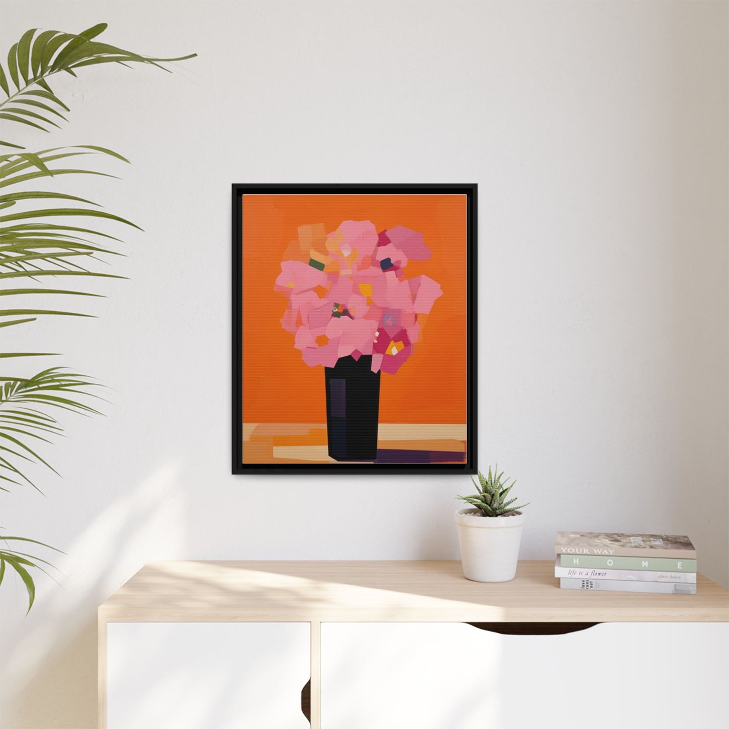 Framed Floral Canvas Art — Pink Bouquet on Orange Background