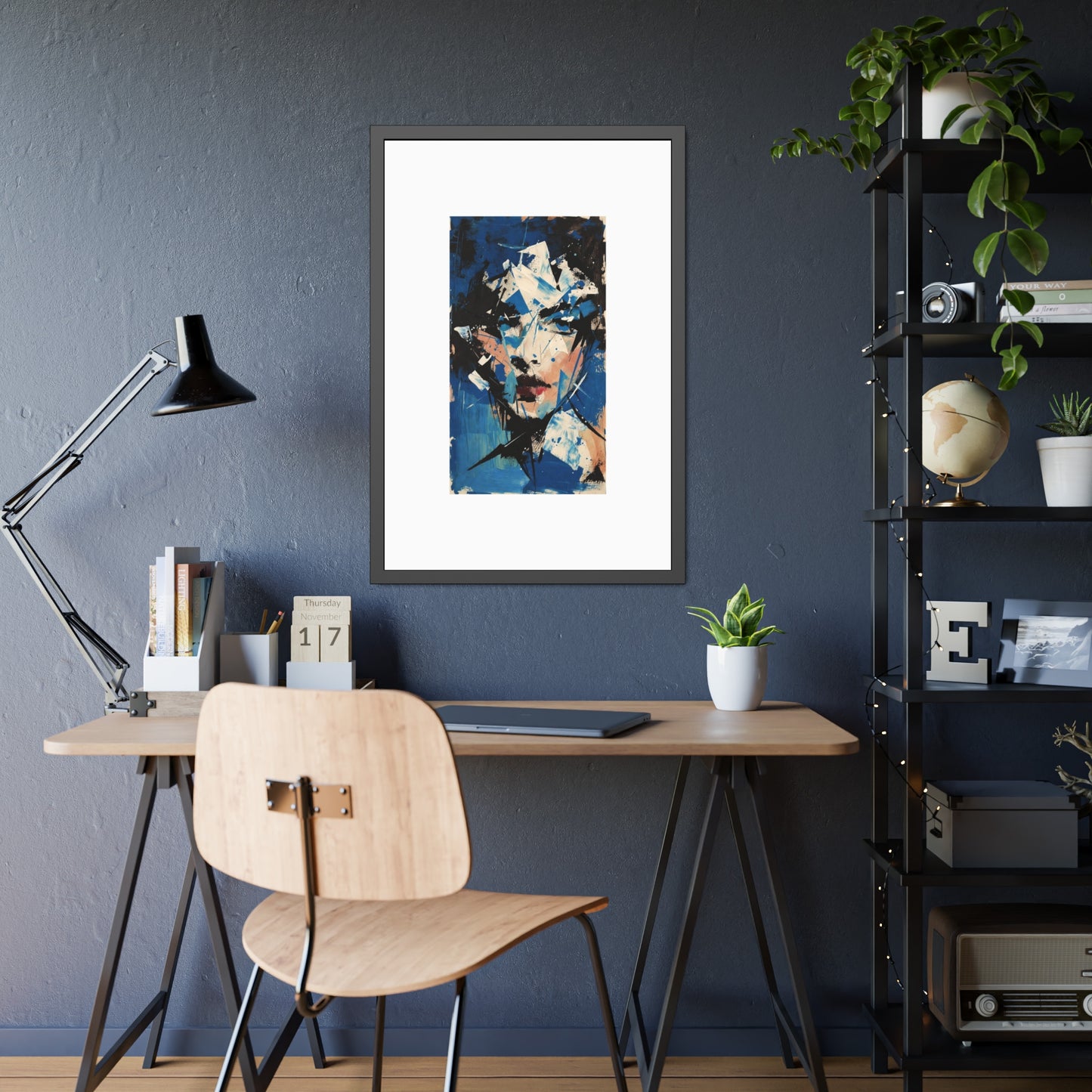 Abstract Blue Portrait Framed Paper Poster — Modern Expressionist Wall Art