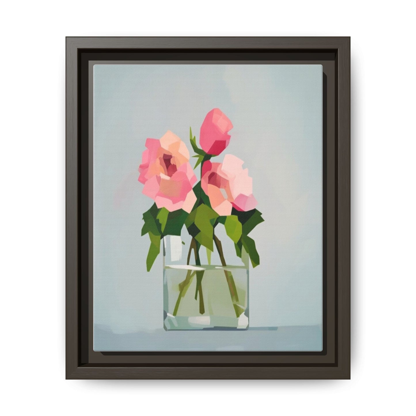 Framed Floral Canvas Print — Pink Roses in Glass Vase (Matte)