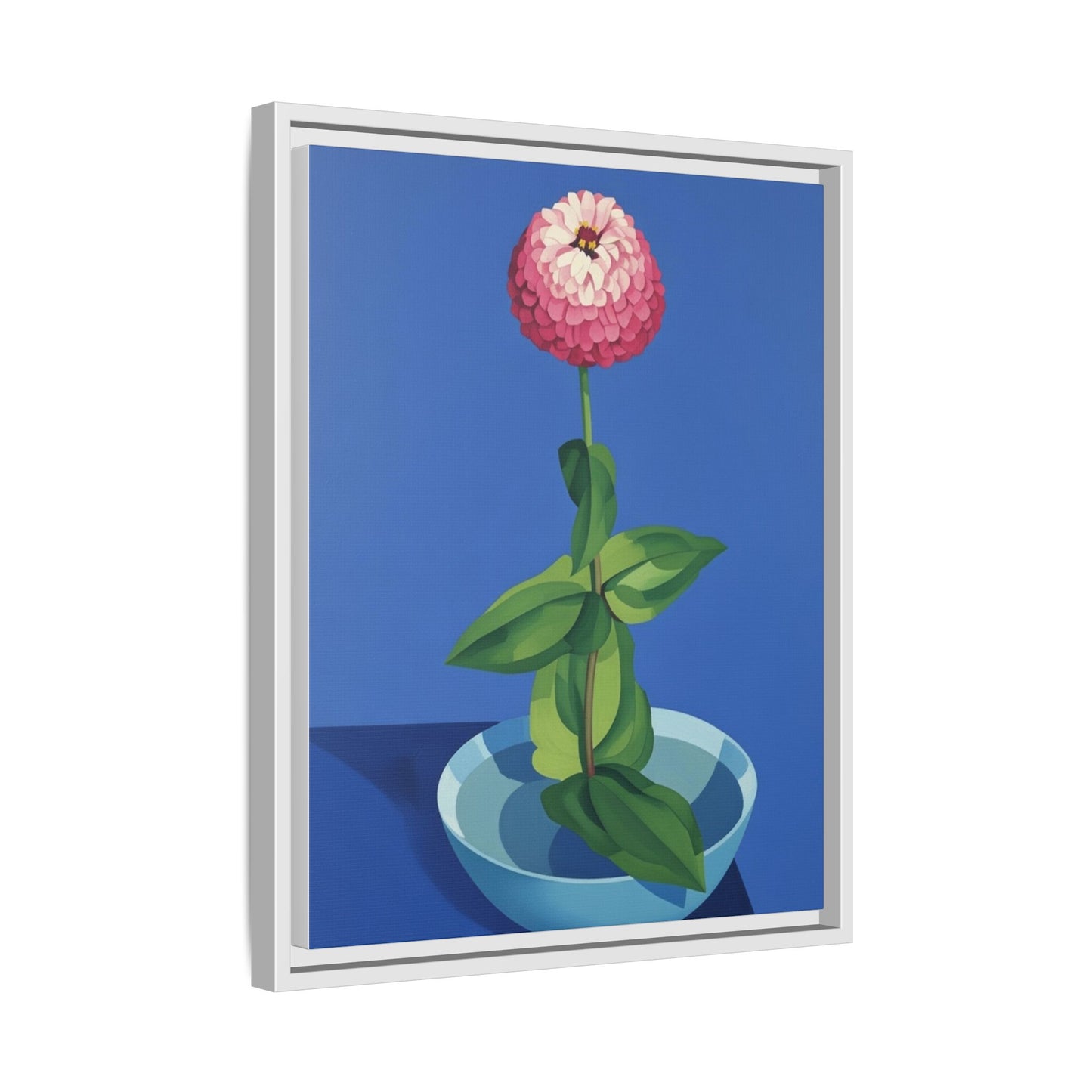 Framed Matte Canvas Art — Pink Zinnia in Blue Bowl (Botanical Still Life)