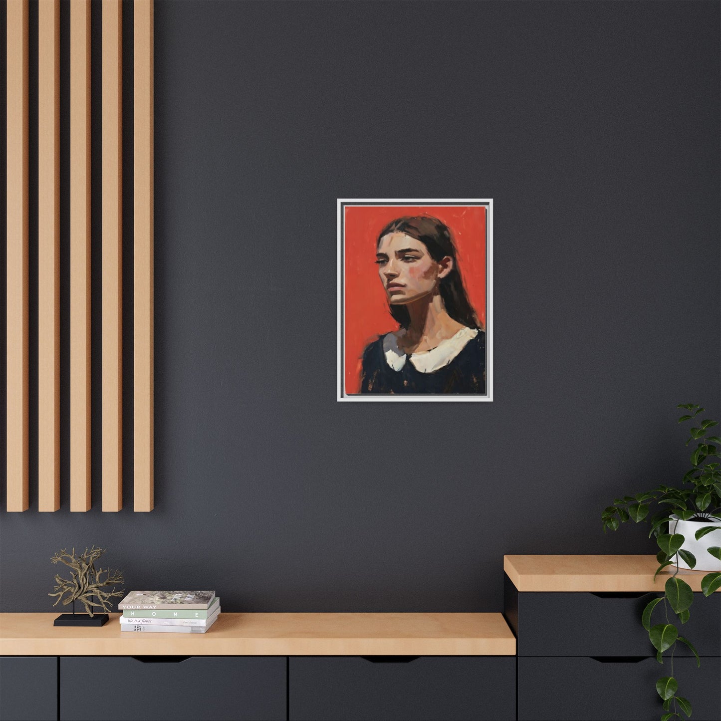 Framed Matte Canvas Portrait Print — Moody Red Figurative Art