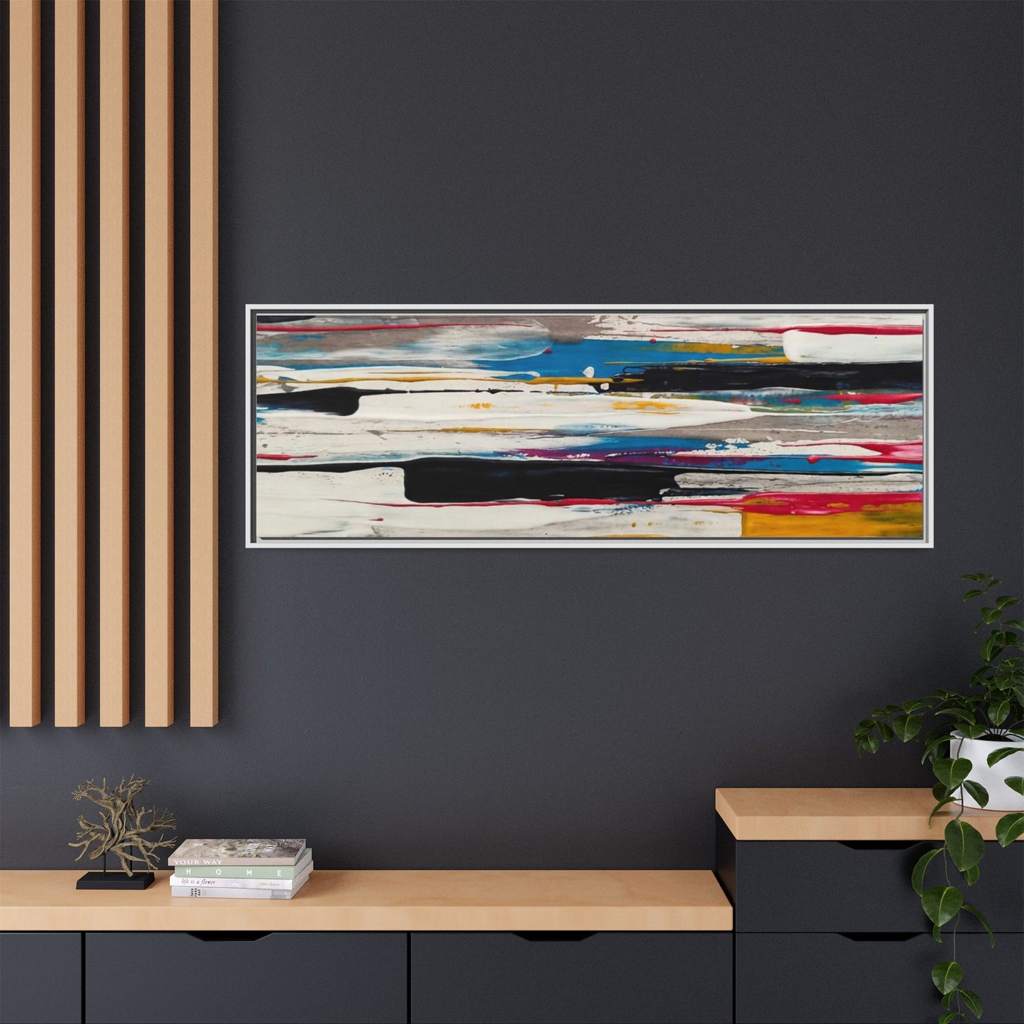 Abstract Multi-Color Framed Canvas Wall Art — Modern Horizontal Brushstroke Print