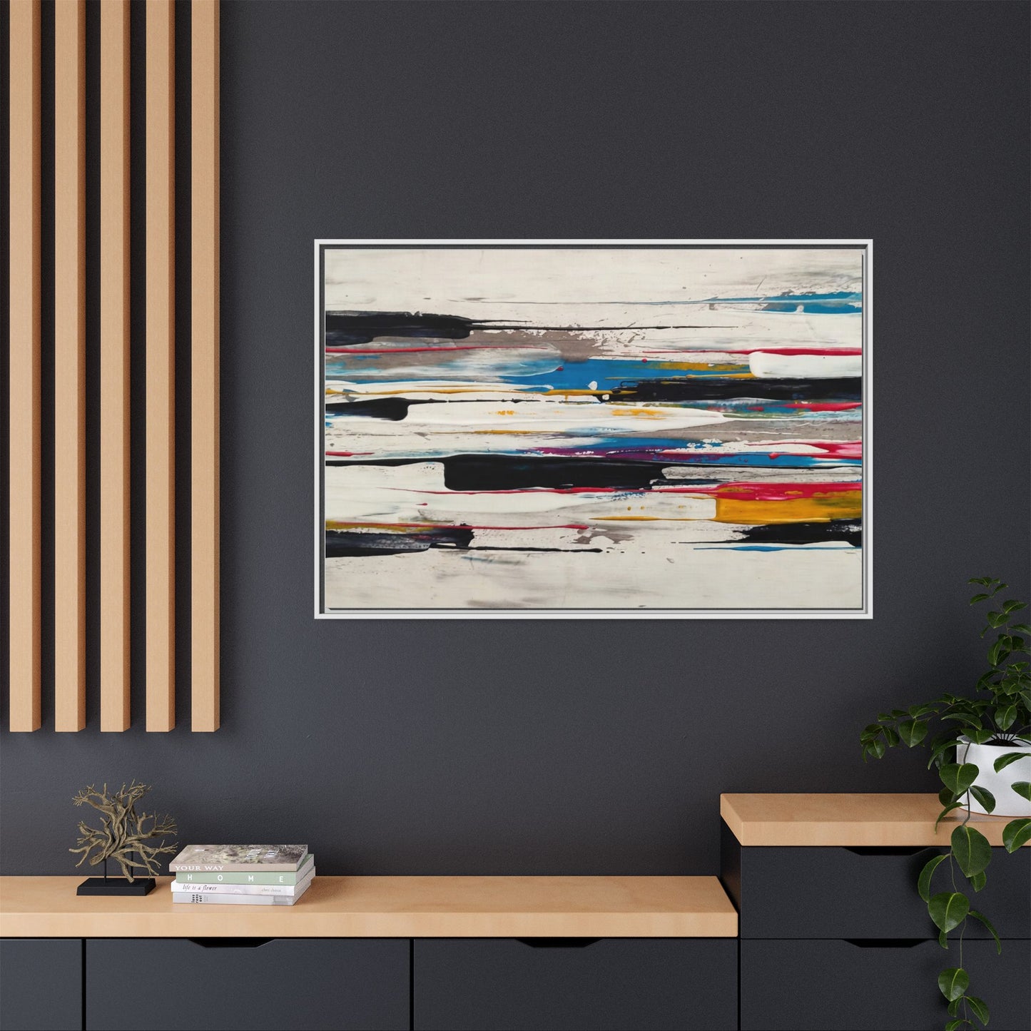 Abstract Multi-Color Framed Canvas Wall Art — Modern Horizontal Brushstroke Print