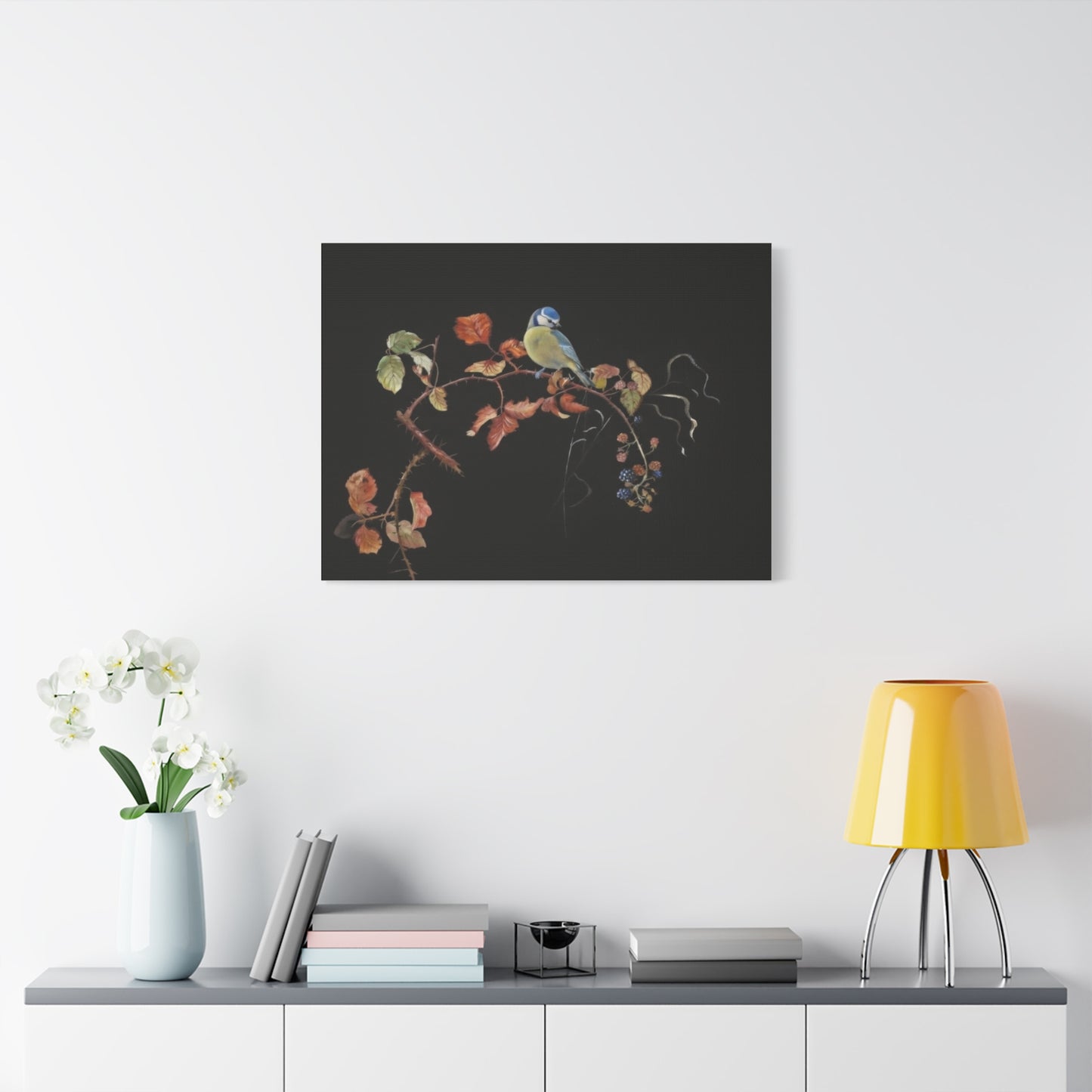 Canvas Wall Art - Blue Tit on Autumn Branch, Stretched Matte Canvas