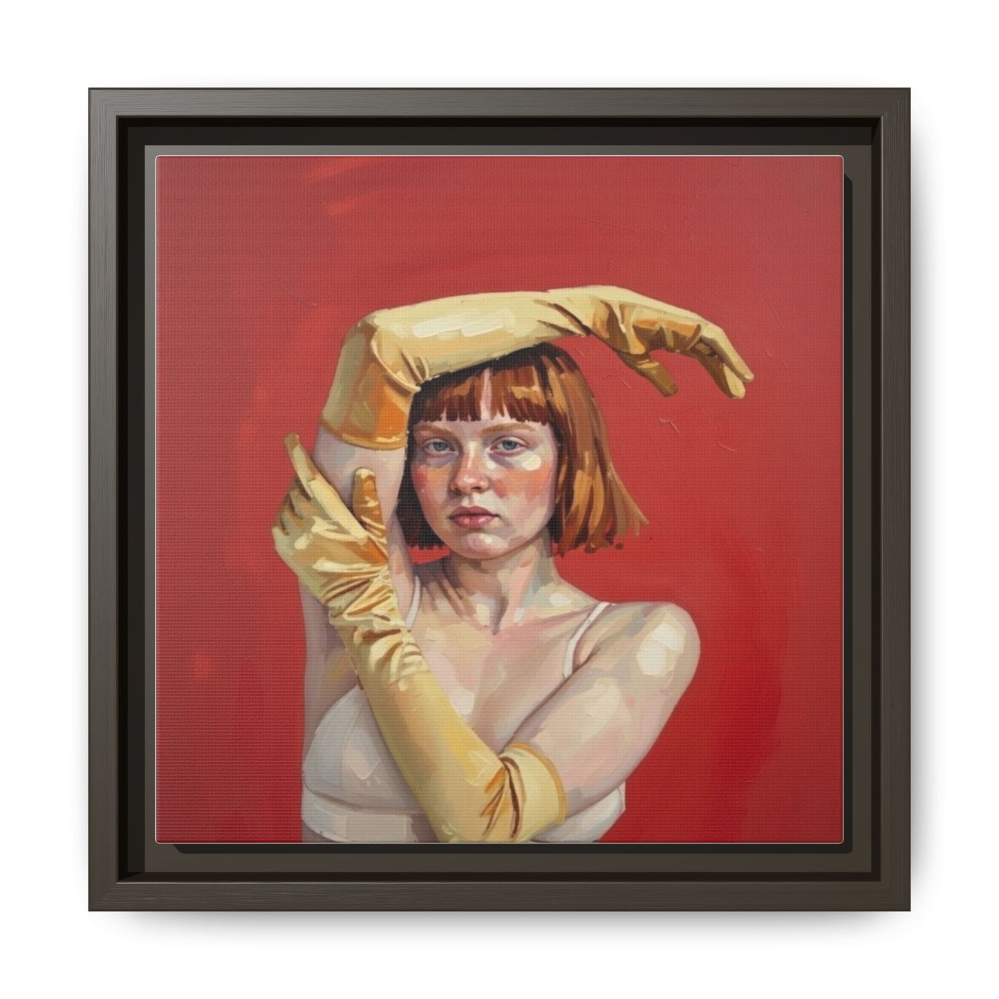 Framed Matte Canvas Art - Portrait of Woman in Yellow Gloves (Red Background)