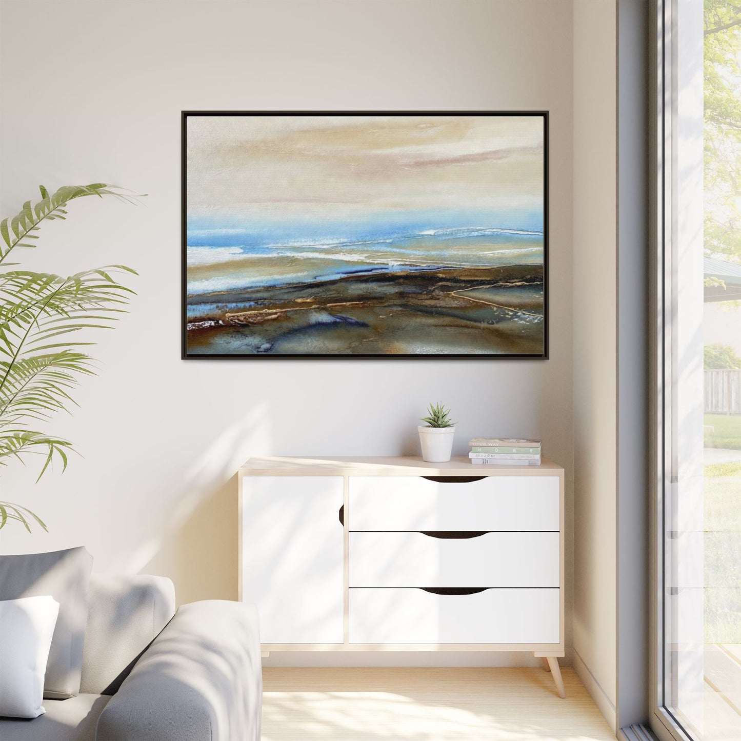 Framed Abstract Seascape Matte Canvas — Coastal Blue & Earth Tone Wall Art