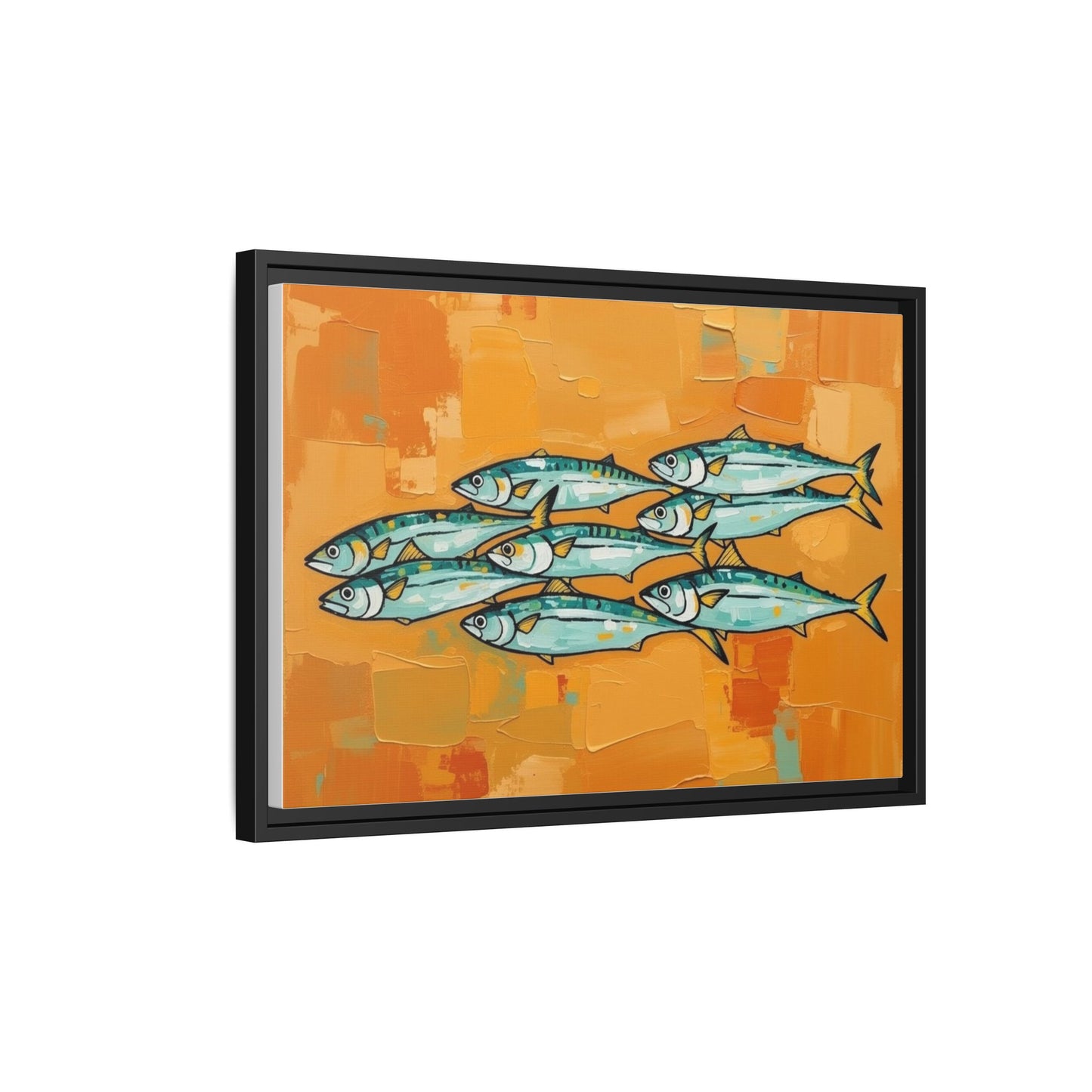 Framed Matte Canvas Print — School of Blue Fish on Orange Abstract Background