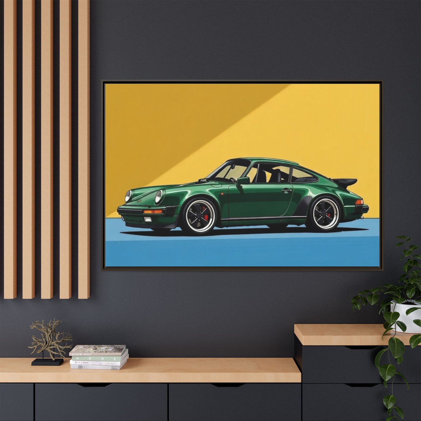 Framed Matte Canvas — Green Sports Car Wall Art