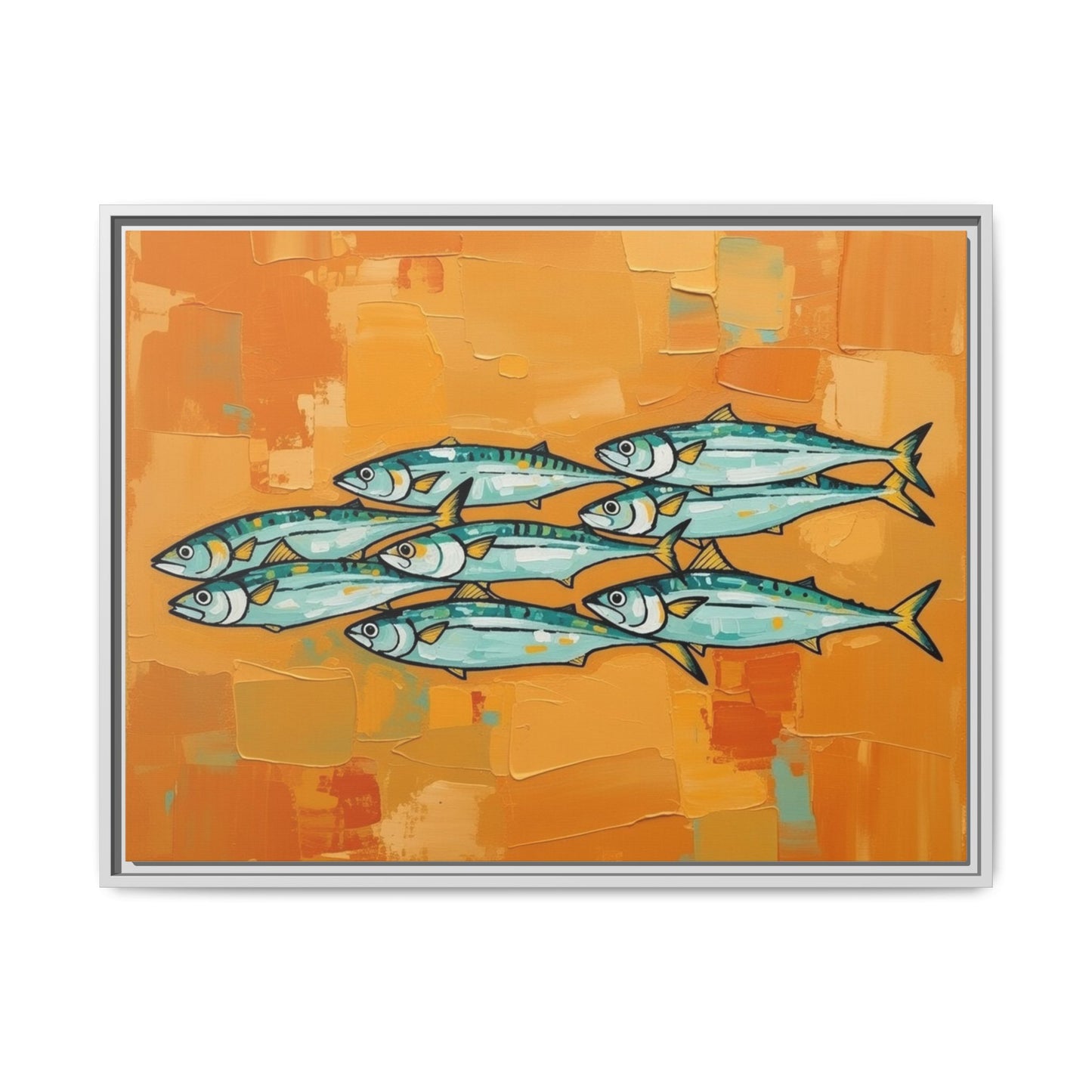Framed Matte Canvas Print — School of Blue Fish on Orange Abstract Background