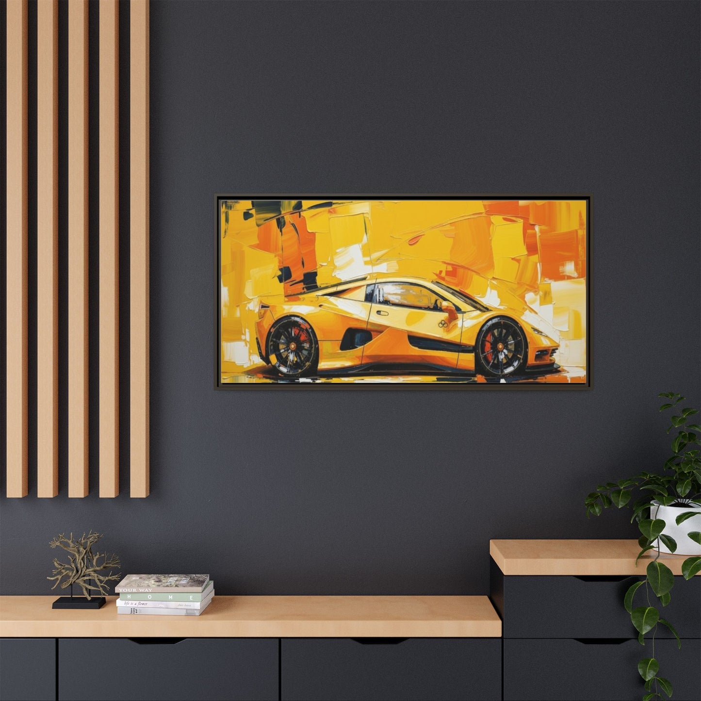 Yellow Sports Car Abstract Matte Canvas Framed Print