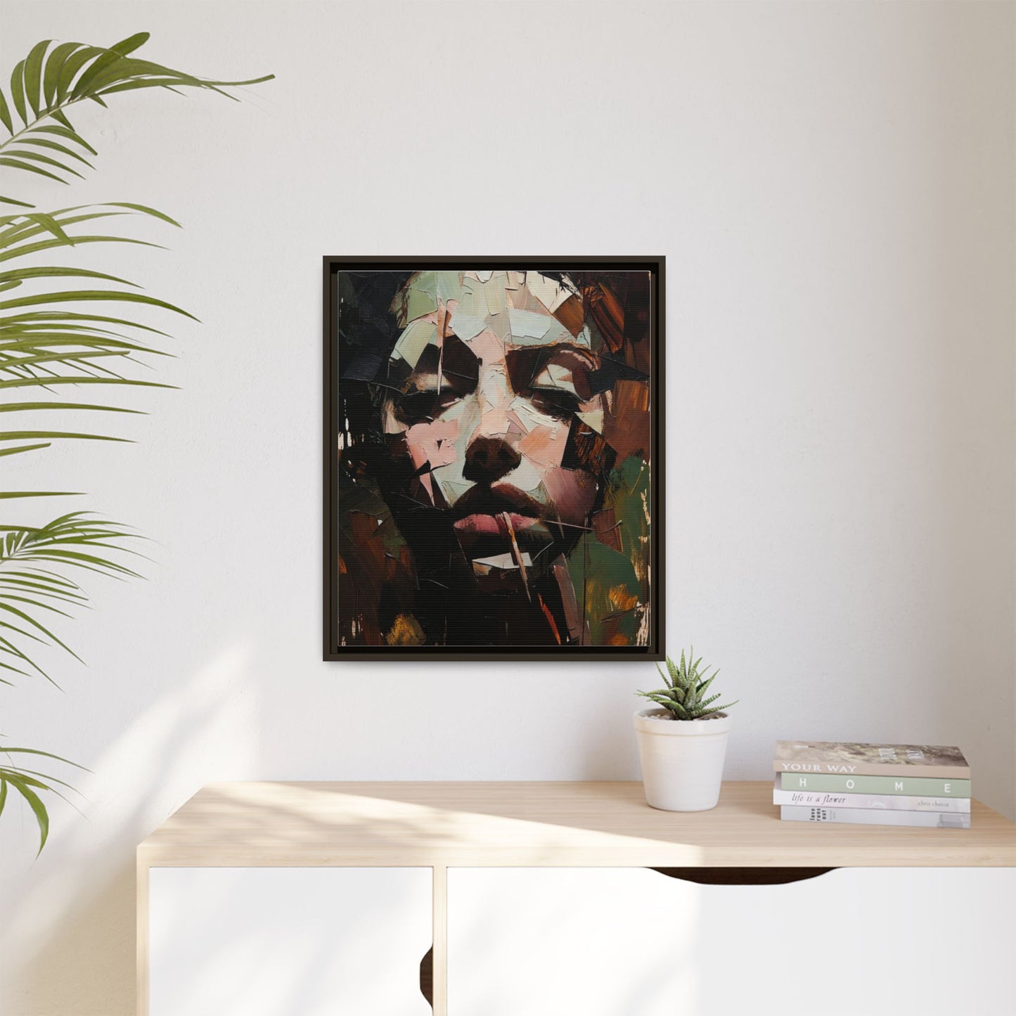 Matte Framed Canvas Art — Abstract Female Portrait, Moody Multicolor