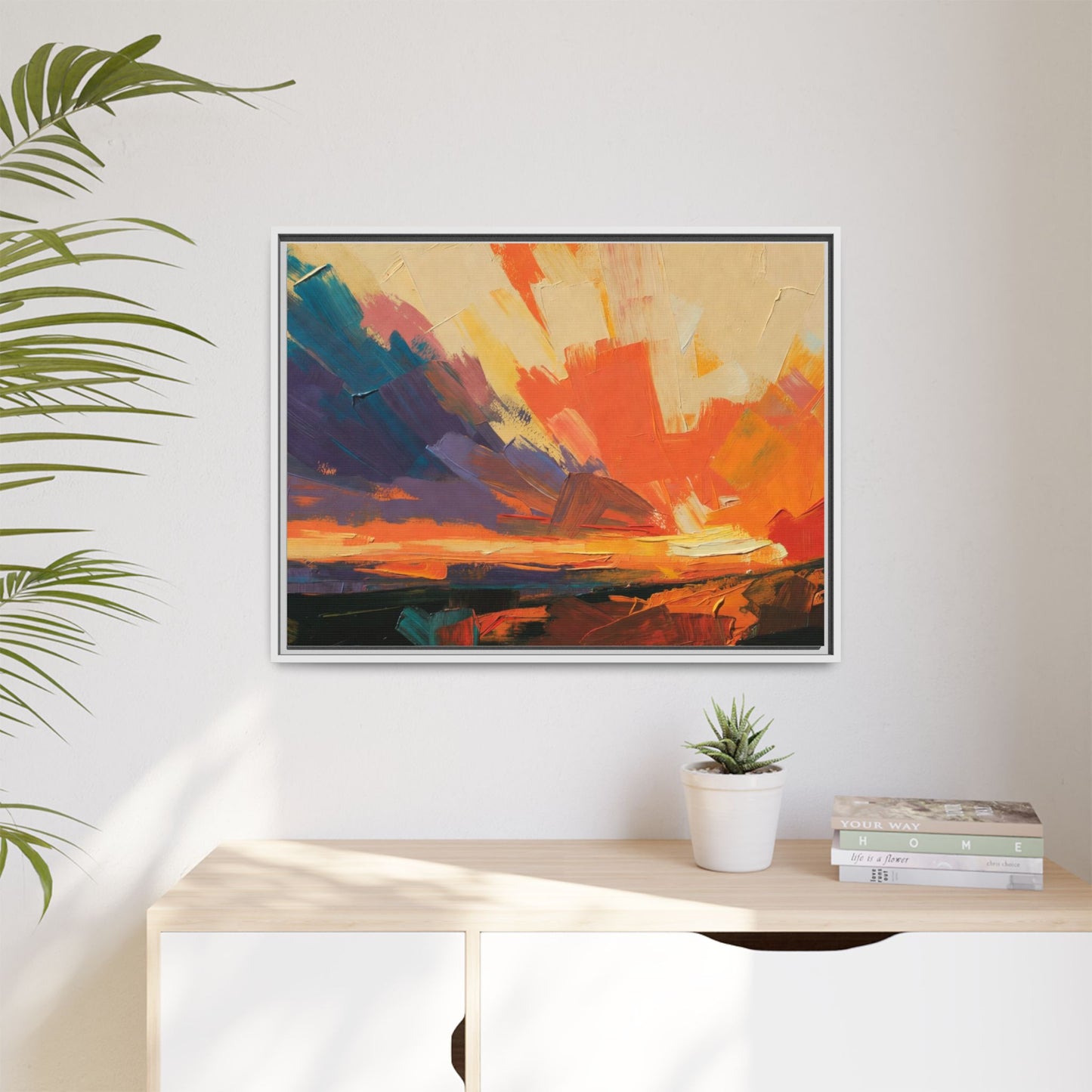 Framed Abstract Sunset Canvas Art – Multicolor Matte Wall Decor