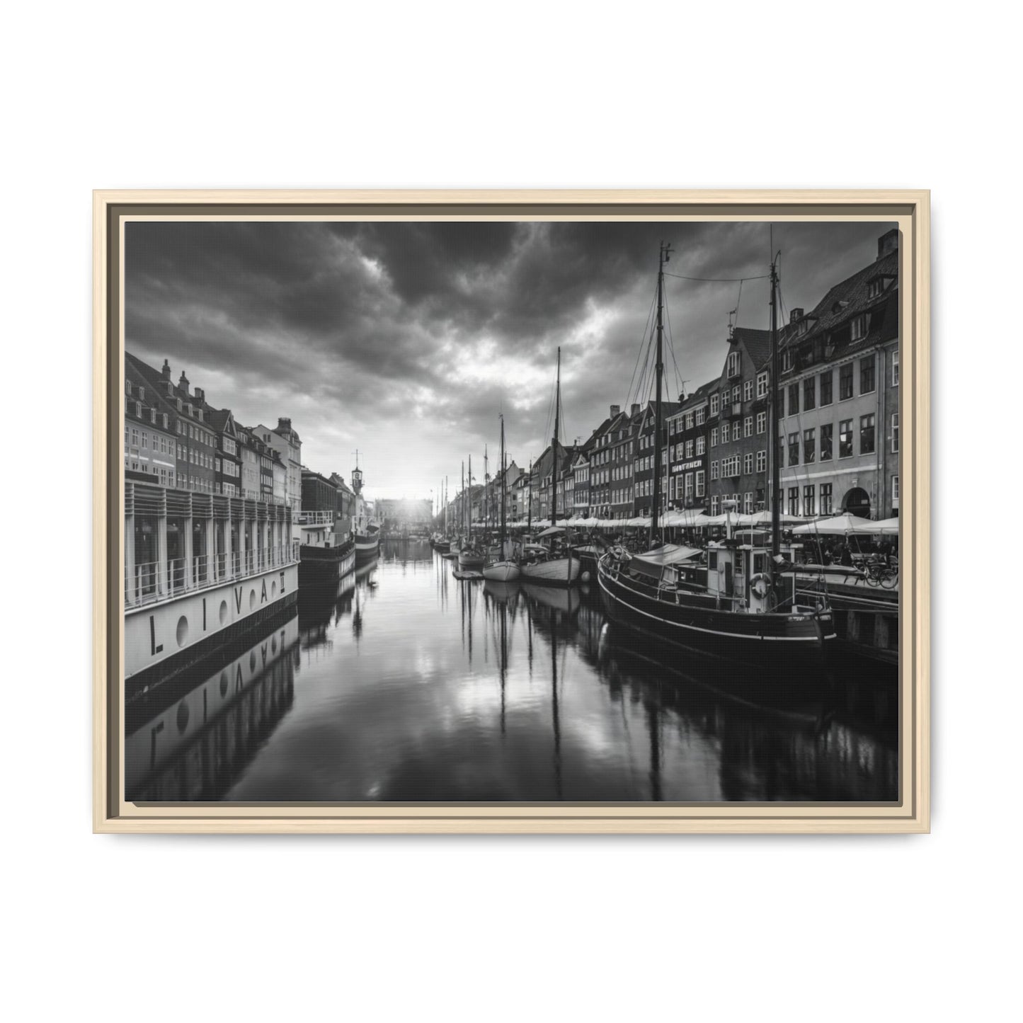 Framed Matte Canvas: Black & White Dutch Canal Photography Wall Art