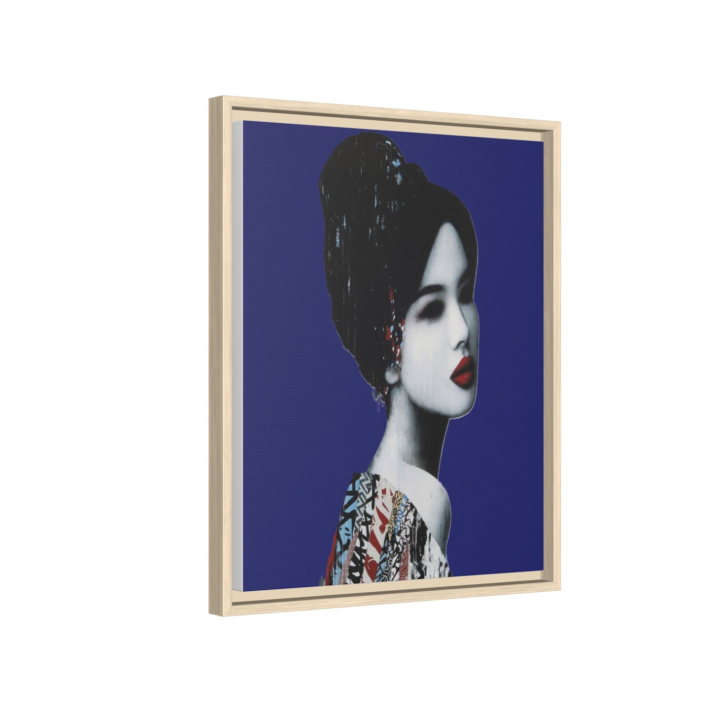 Framed Matte Canvas Art — Elegant Geisha Portrait on Deep Blue