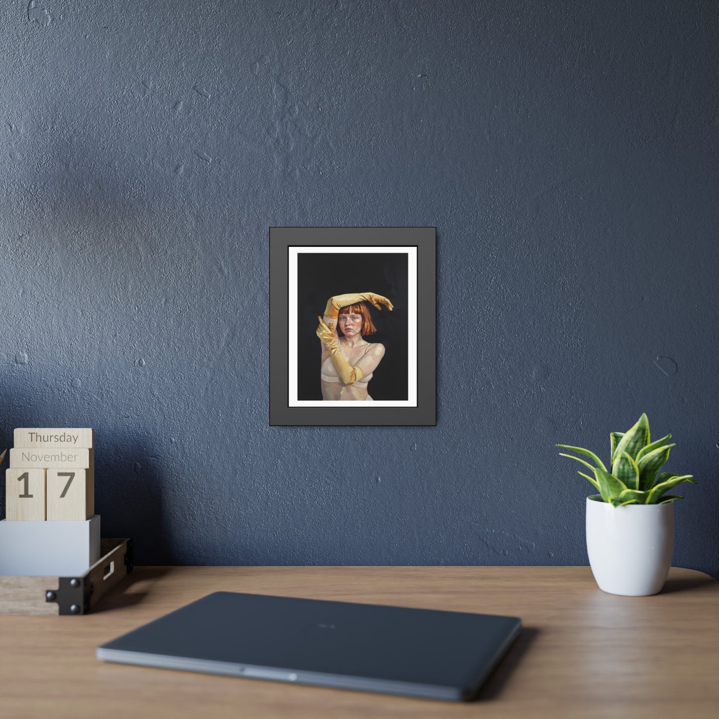 Framed Art Poster — Portrait of Redhead Woman in Yellow Gloves (Gallery Wall Print)
