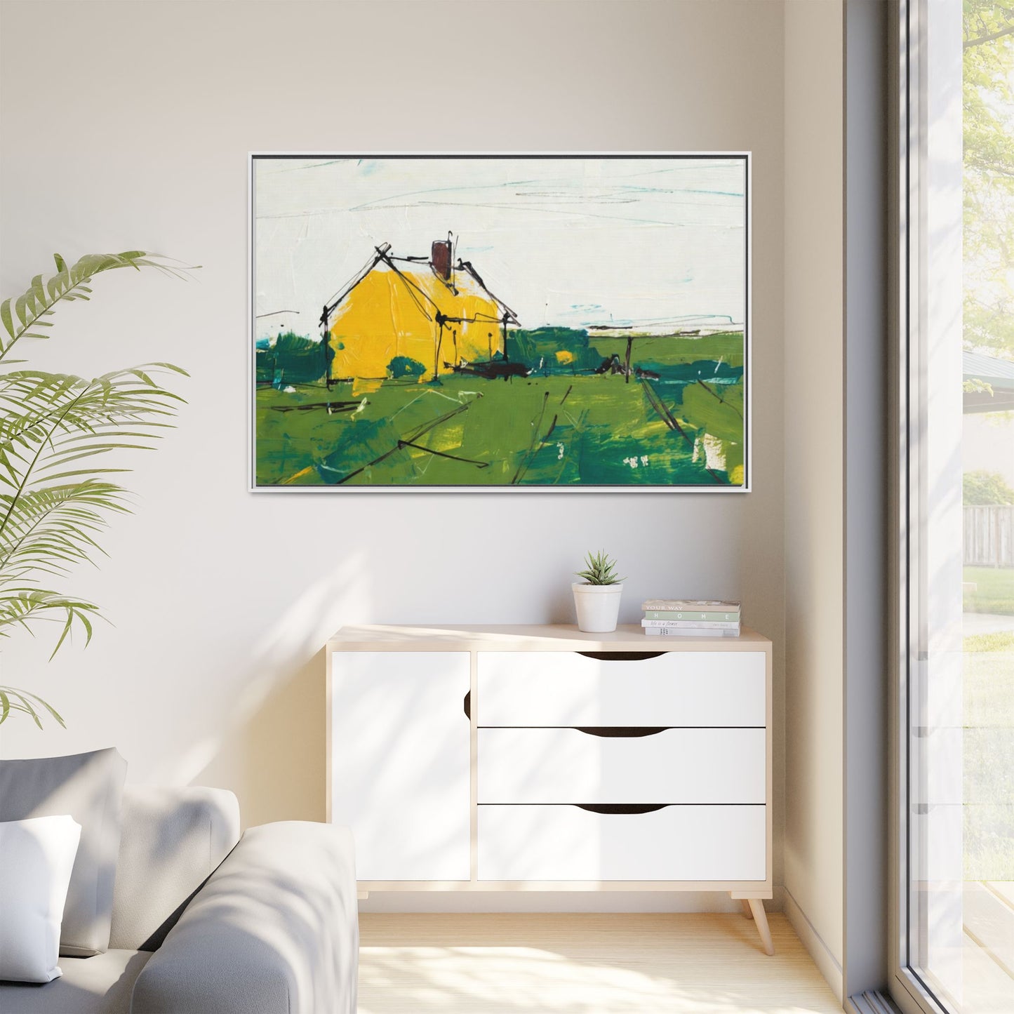 Yellow Cottage Landscape Framed Canvas Print