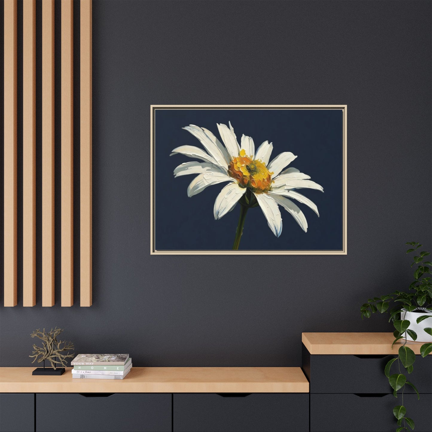 Framed Matte Canvas Daisy Wall Art — White Floral Painting on Navy