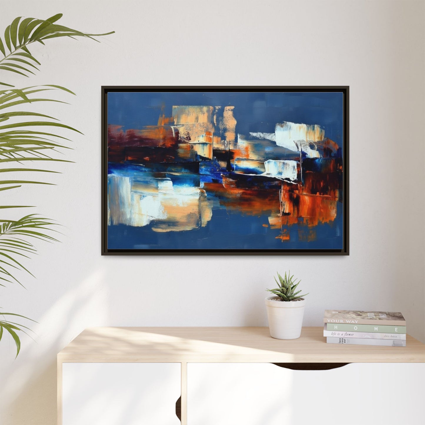 Abstract Blue & Rust Framed Canvas Art — Modern Matte Wall Painting
