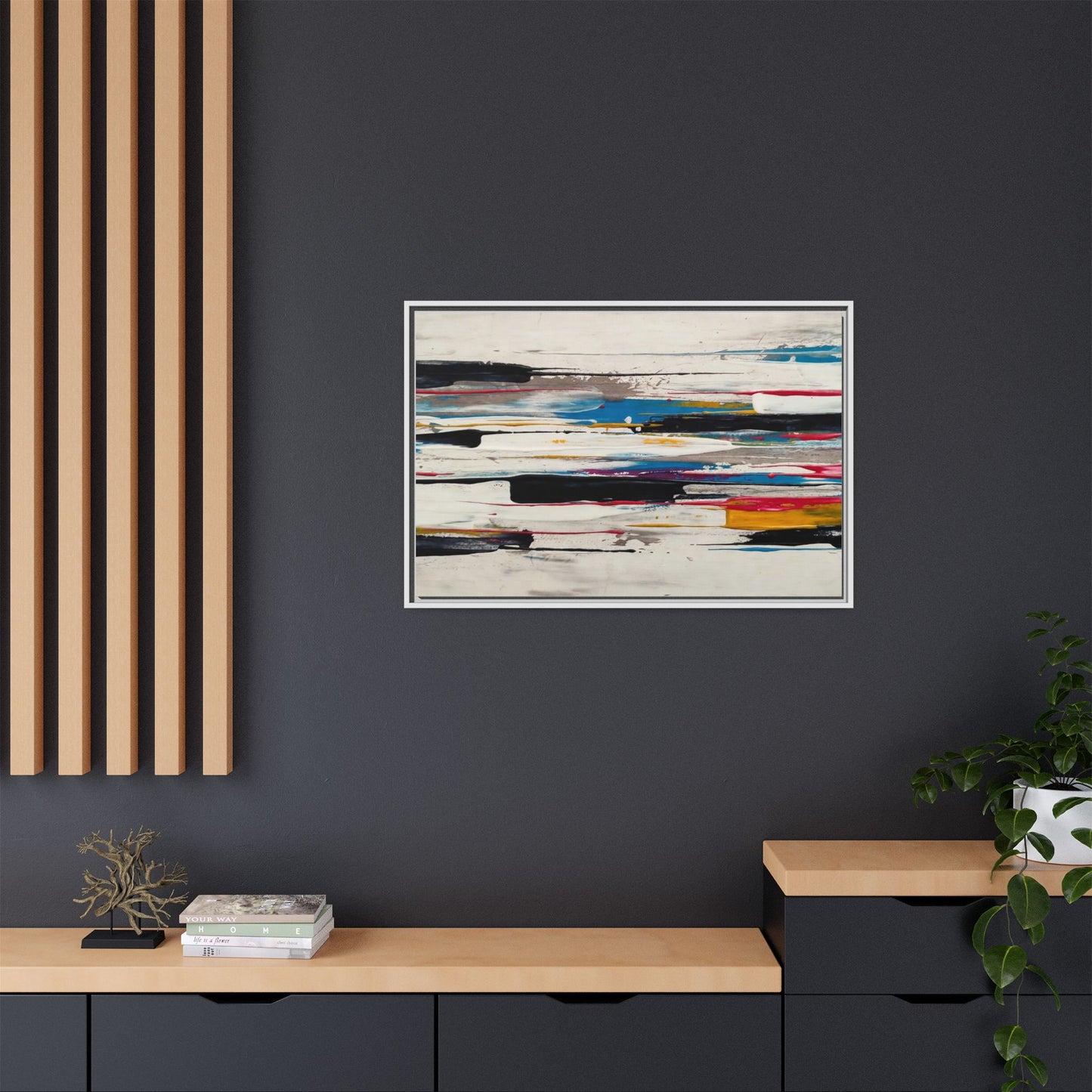 Abstract Multi-Color Framed Canvas Wall Art — Modern Horizontal Brushstroke Print
