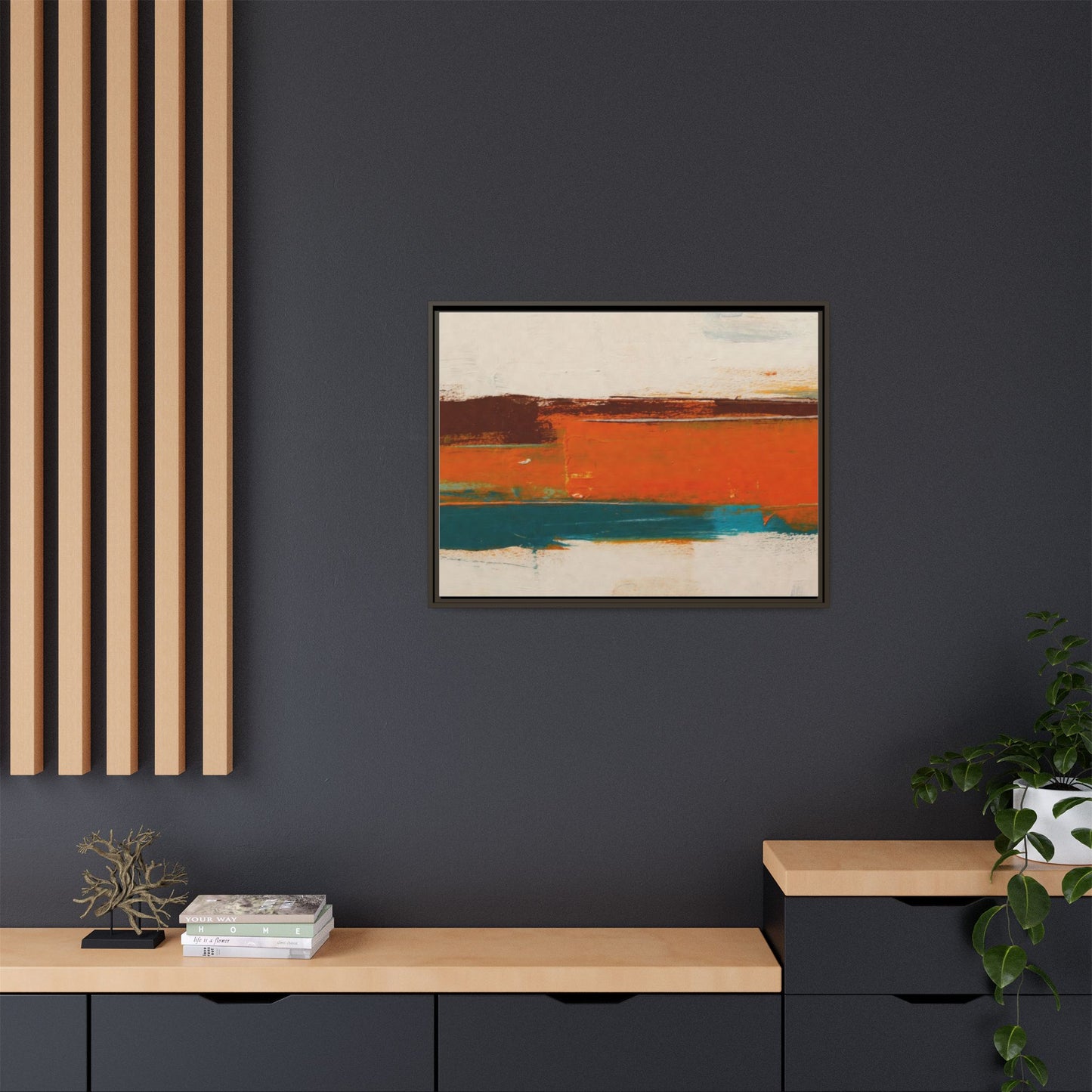 Abstract Horizon Matte Canvas Framed Print — Modern Orange Teal Wall Art