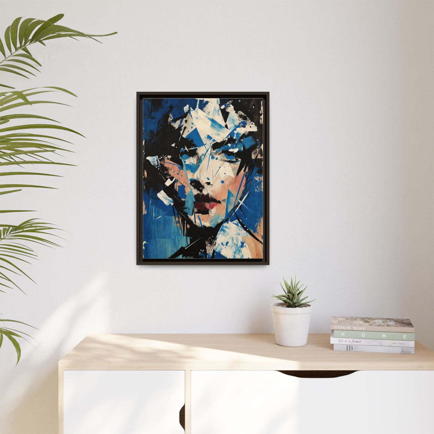 Abstract Portrait Matte Canvas Framed Wall Art — Blue Mixed-Media Face Print