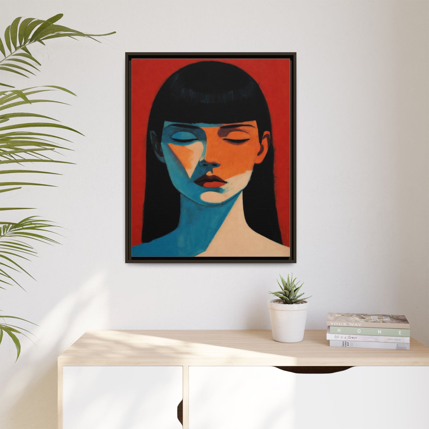 Framed Matte Canvas Art – Minimalist Portrait in Red & Teal