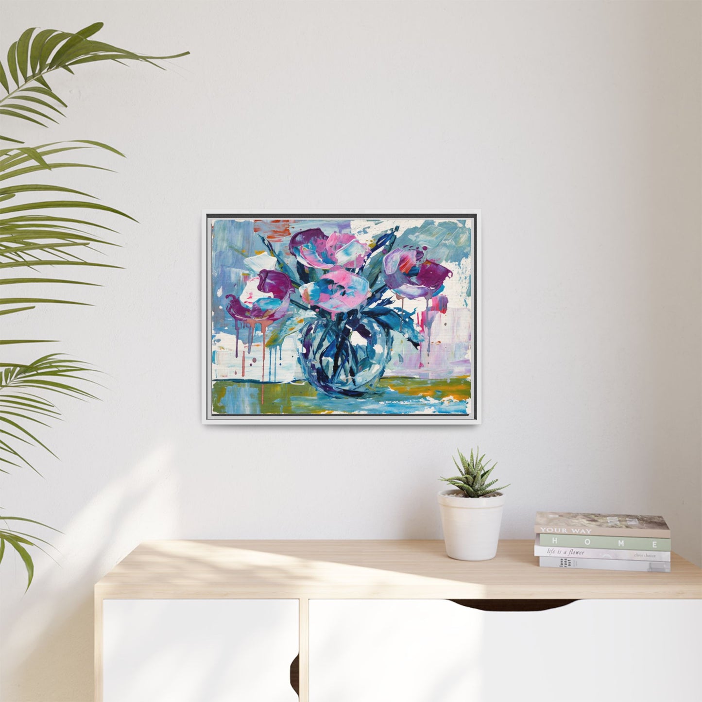 Framed Floral Canvas Art — Abstract Pink & Blue Bouquet