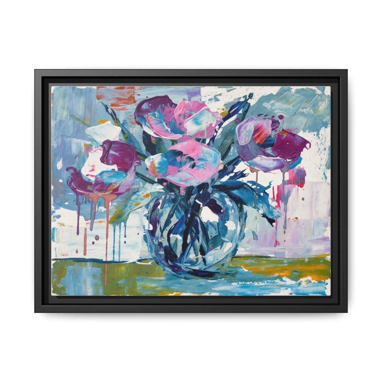 Framed Floral Canvas Art — Abstract Pink & Blue Bouquet