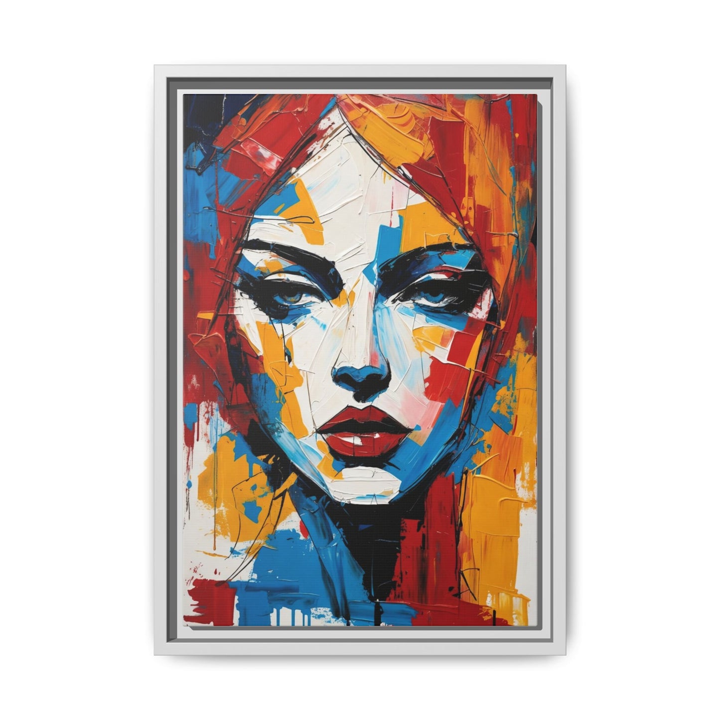 Framed Abstract Portrait Canvas — Colorful Female Face Wall Art