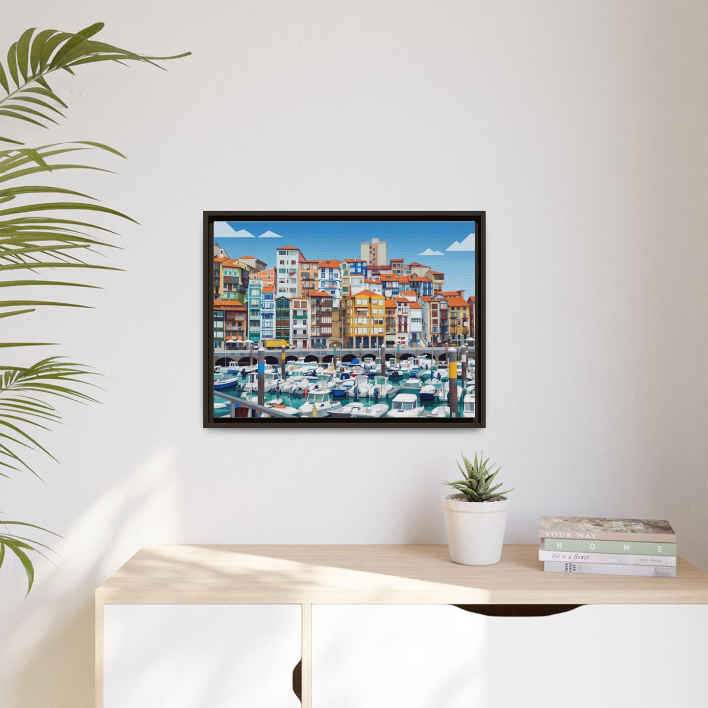 Framed Matte Canvas Print — Colorful Mediterranean Harbor Illustration