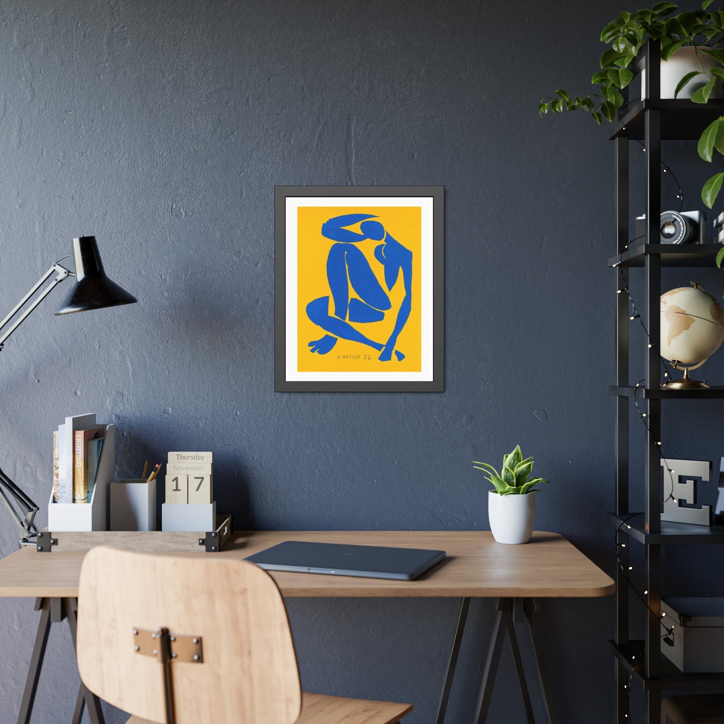 Framed Art Print - Blue Cutout Figure on Yellow (Matisse Style)