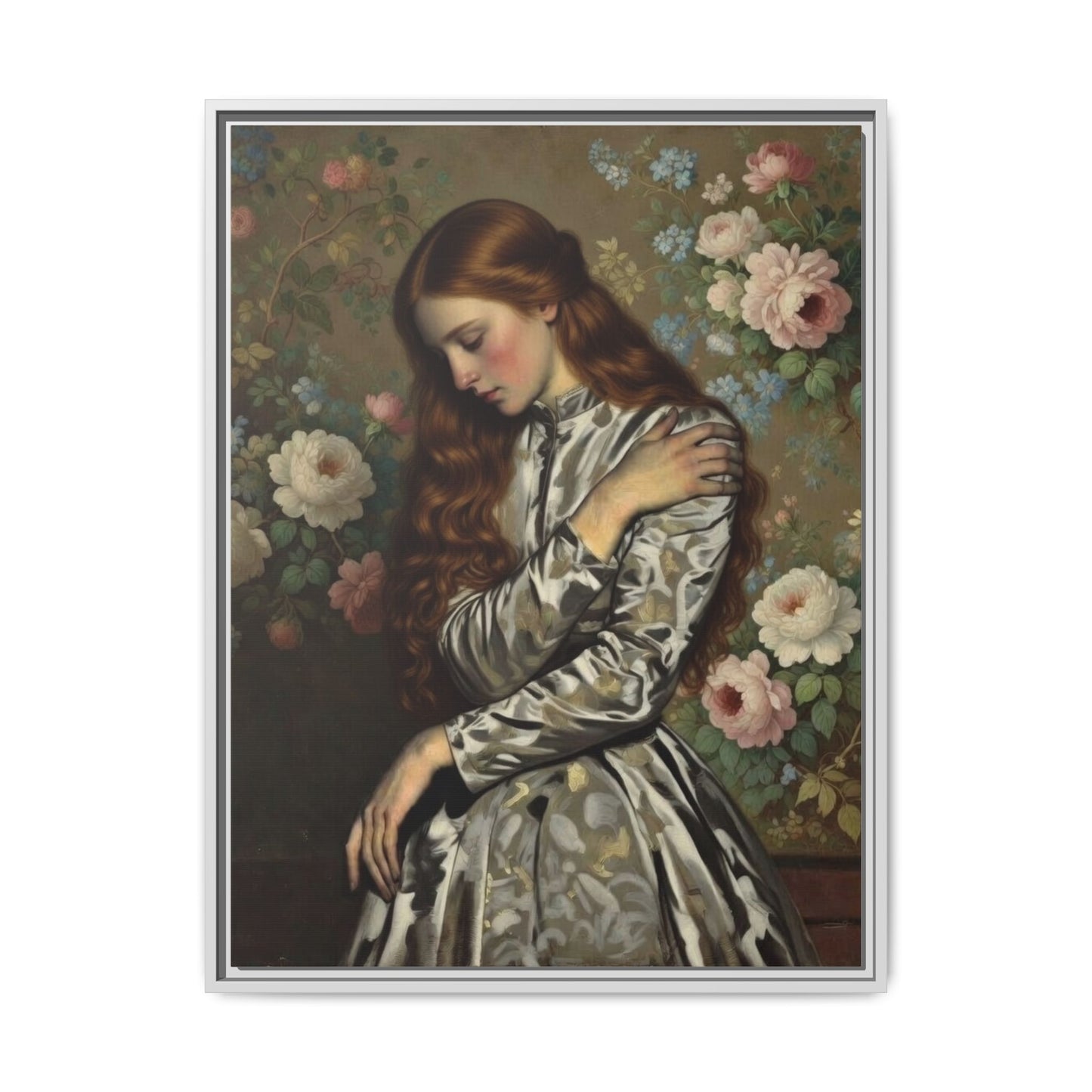 Framed Matte Canvas Art — Vintage Floral Portrait of a Young Woman