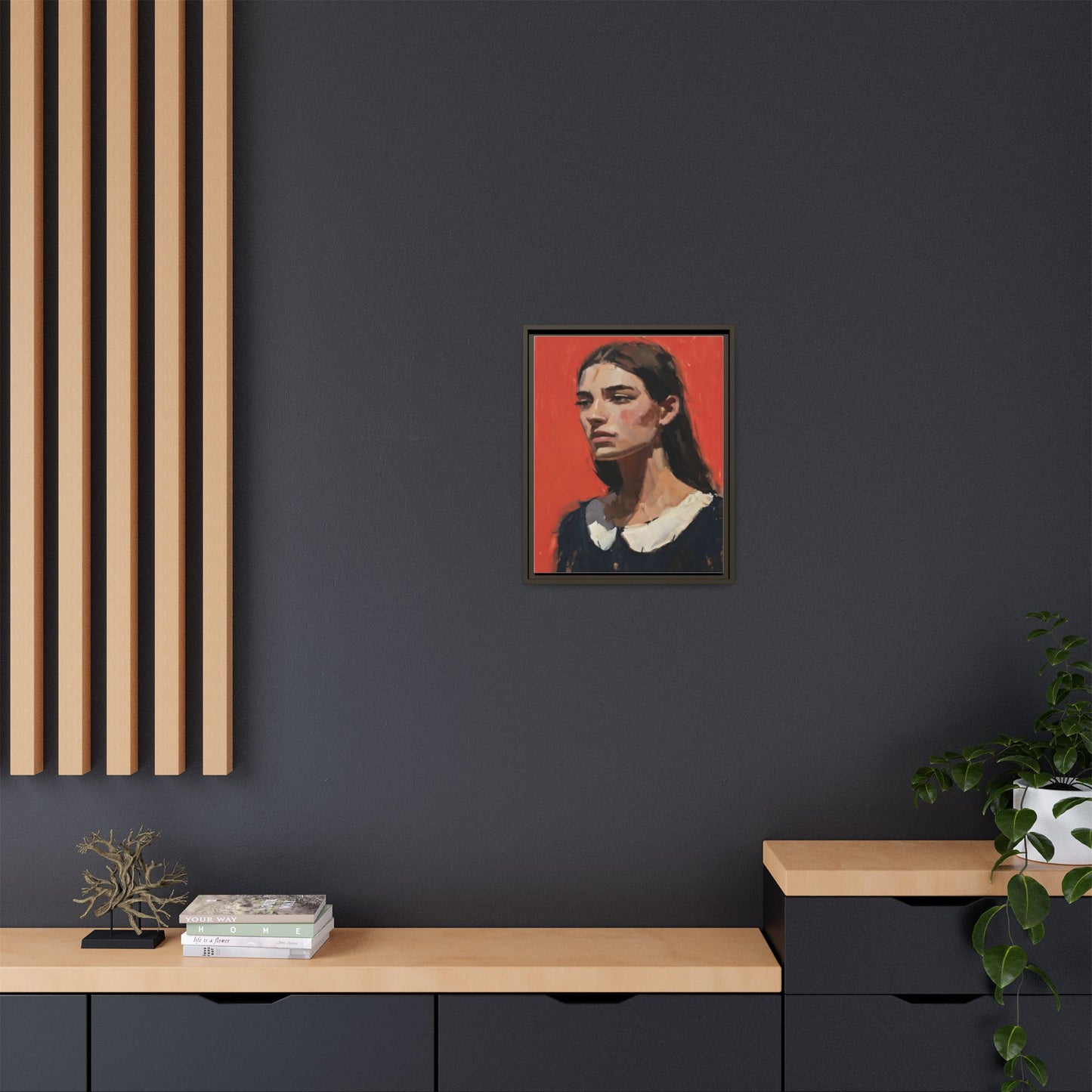 Framed Matte Canvas Portrait Print — Moody Red Figurative Art