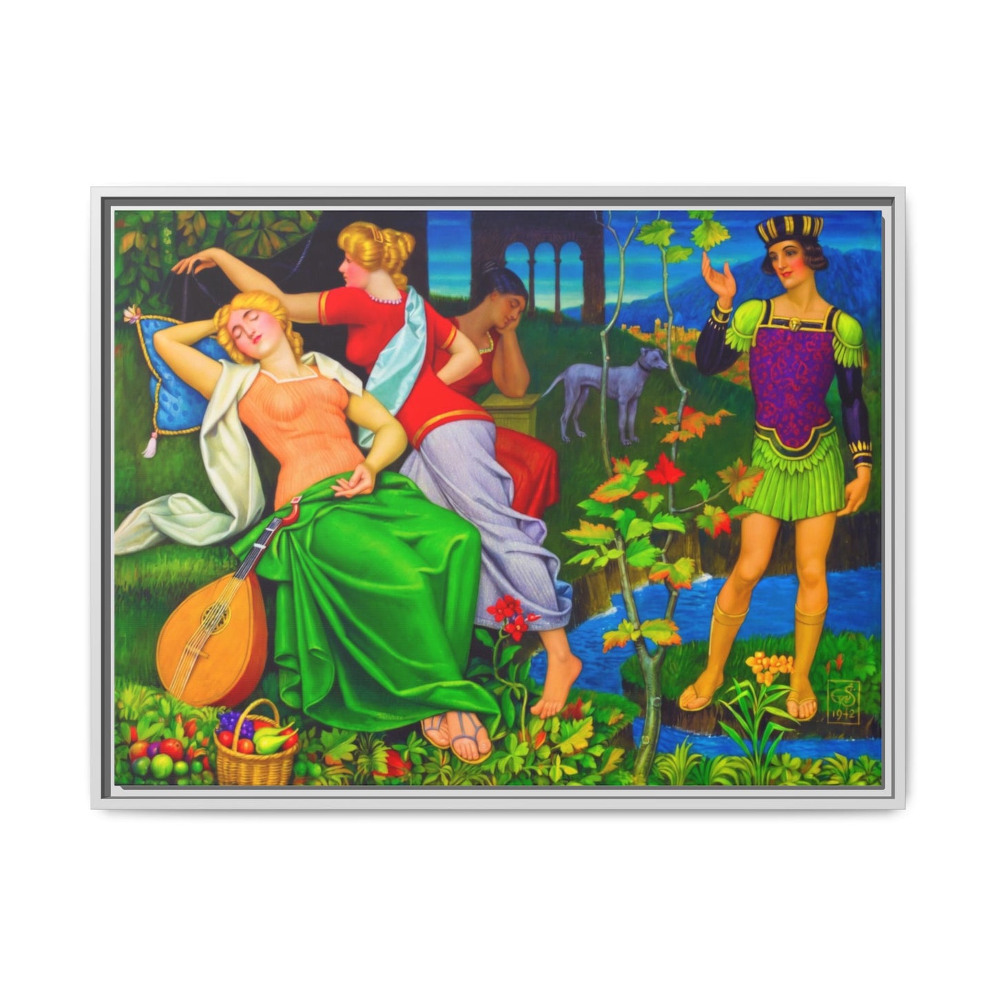 Framed Matte Canvas Art — Colorful Mythic Garden Scene