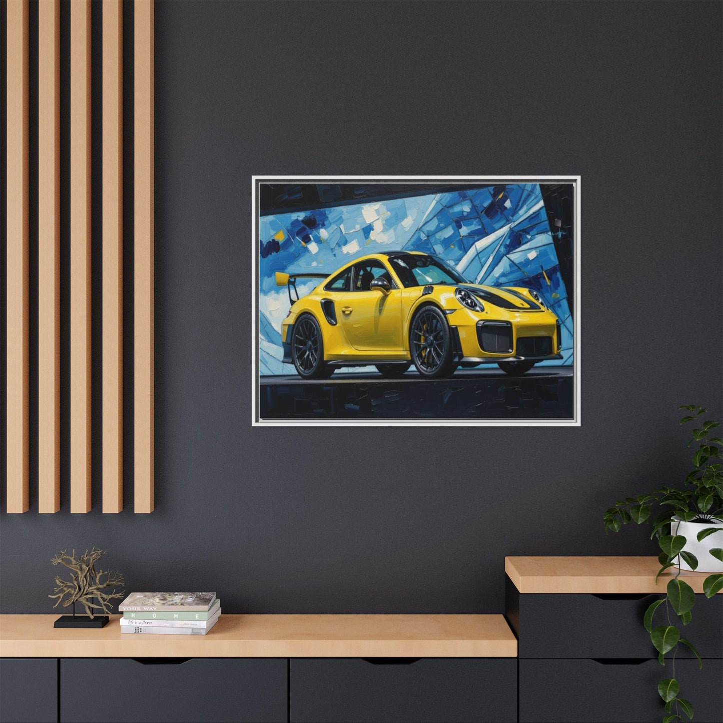 Yellow Porsche Sports Car Matte Framed Canvas – Modern Automotive Wall Art