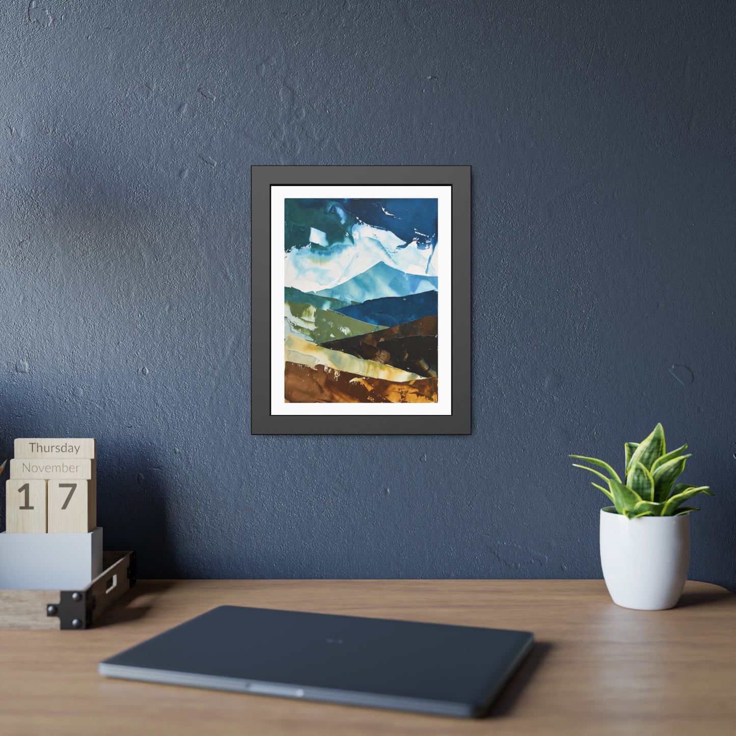 Framed Abstract Mountain Art Print – Blue & Earthtone Layered Landscape Poster