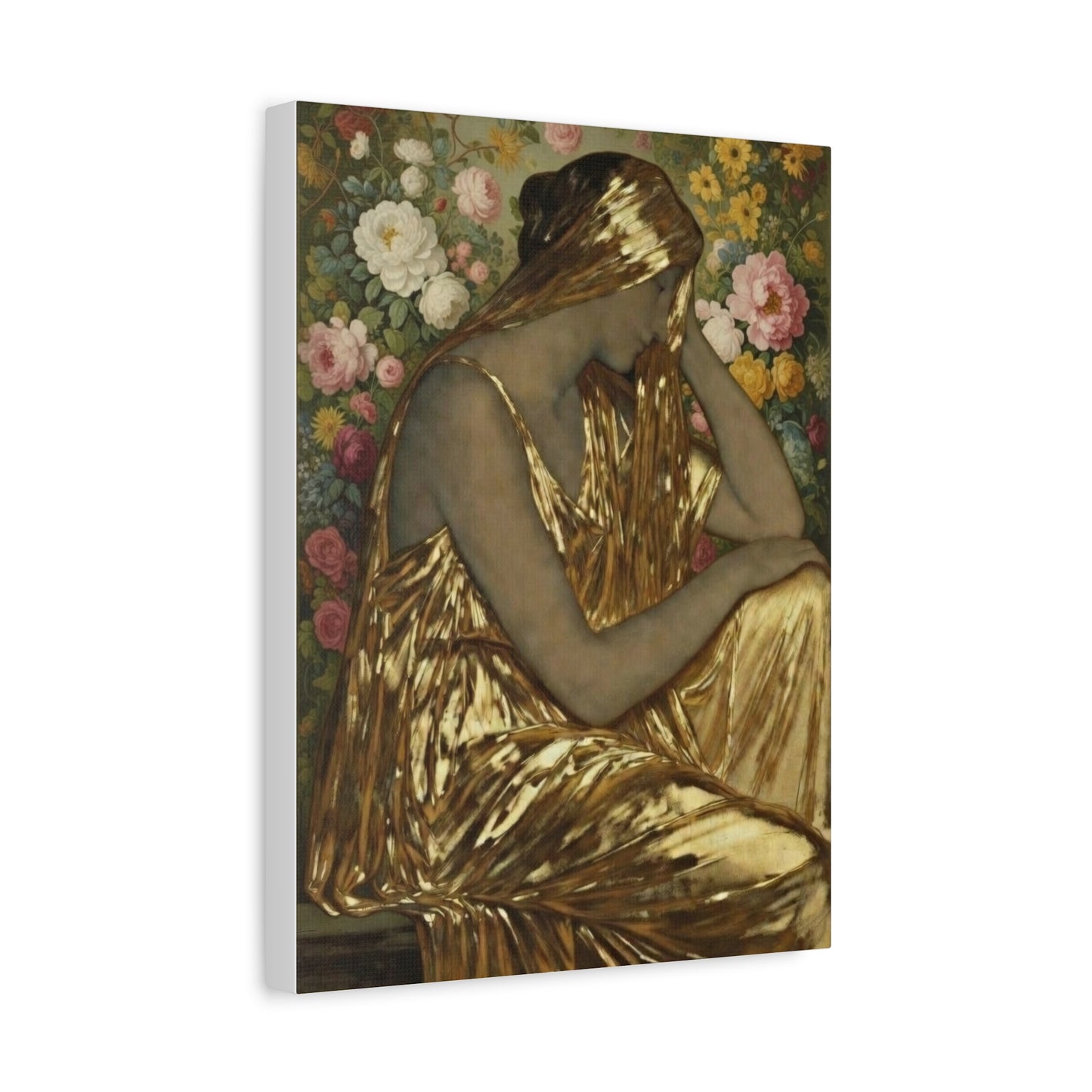 Golden Muse Canvas Print — Woman in Gold Floral Art (Stretched Matte)