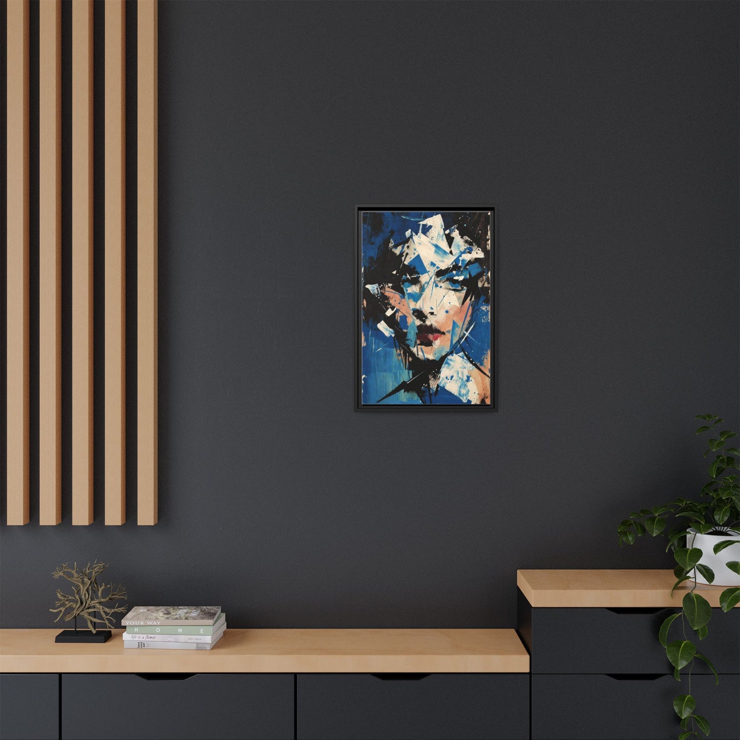 Abstract Portrait Matte Canvas Framed Wall Art — Blue Mixed-Media Face Print