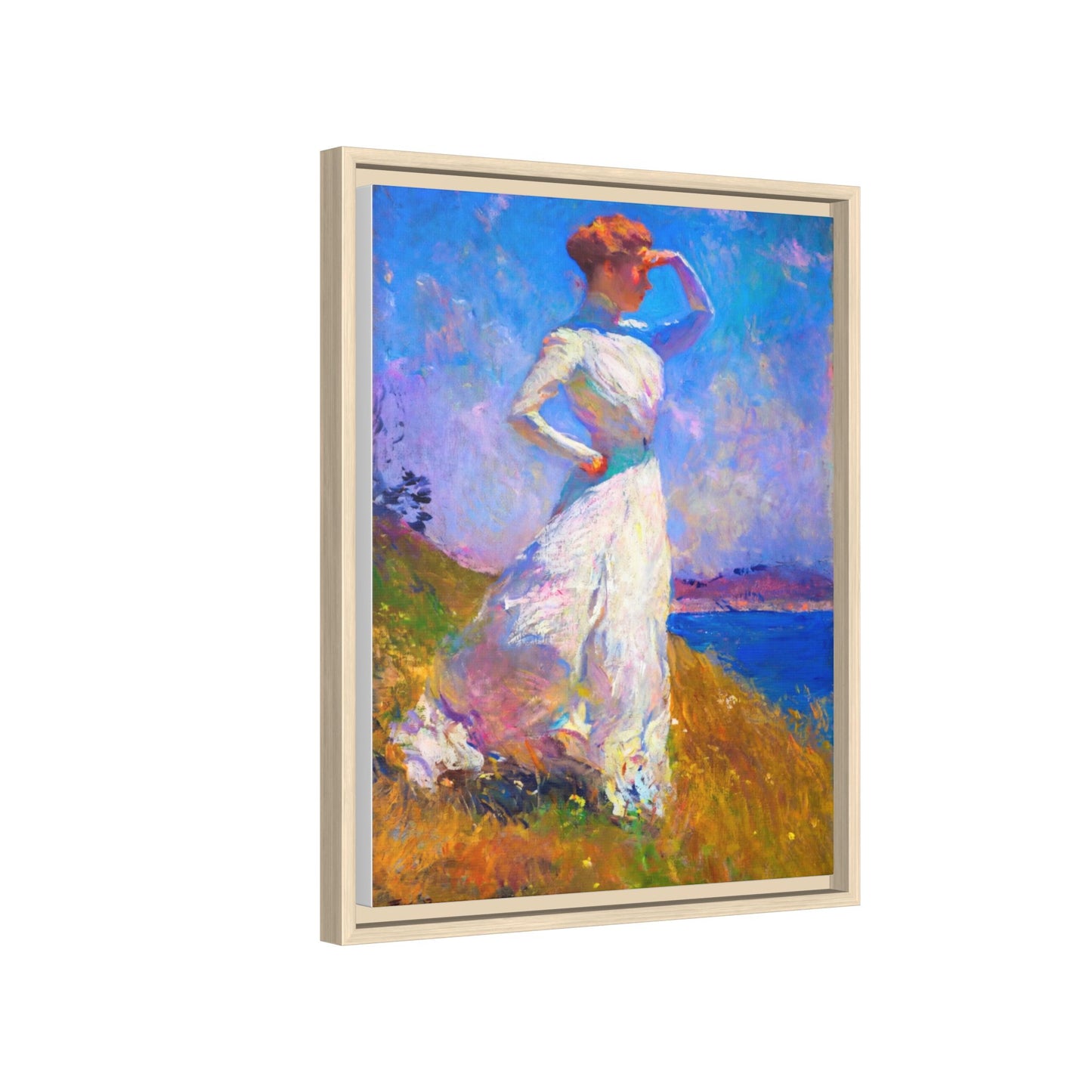 Framed Matte Canvas Art - Woman in White Seaside Impressionist Print