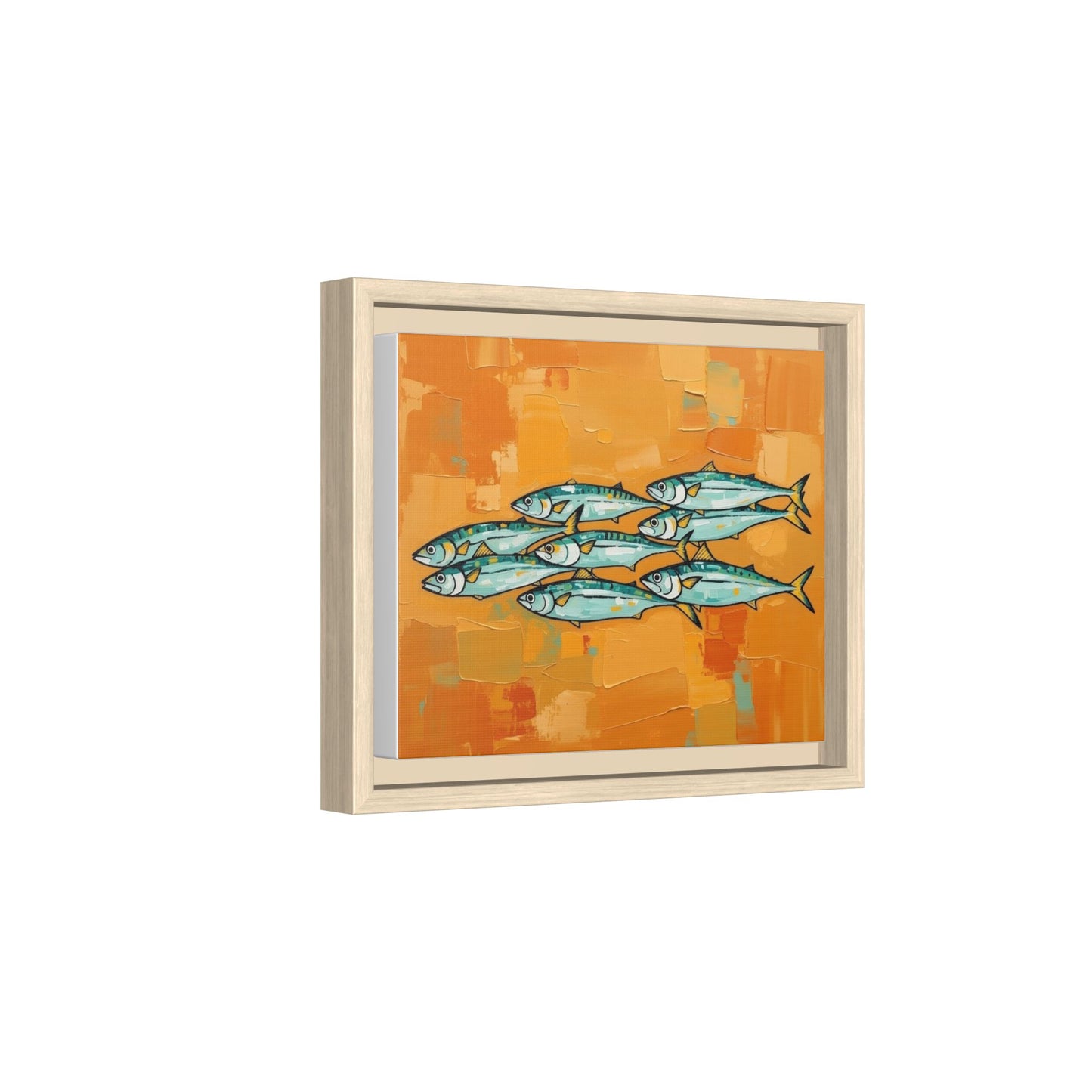 Framed Matte Canvas Print — School of Blue Fish on Orange Abstract Background