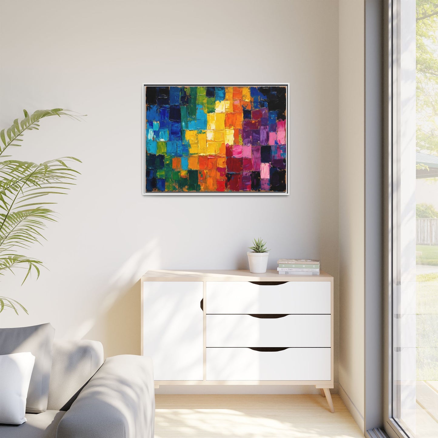 Abstract Rainbow Mosaic Framed Canvas Print — Colorful Modern Wall Art