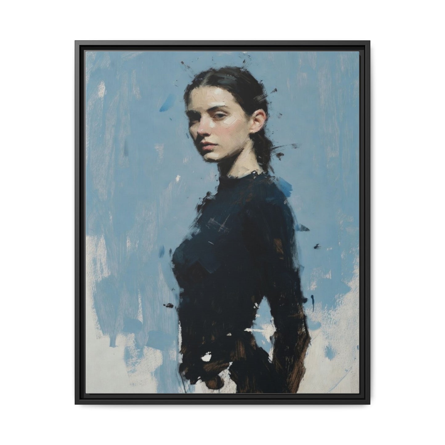 Framed Matte Canvas Portrait Print — Elegant Blue Woman Art