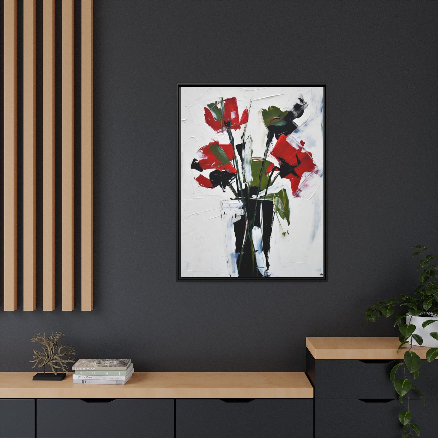 Framed Abstract Floral Canvas Print — Red Poppies in Black Vase