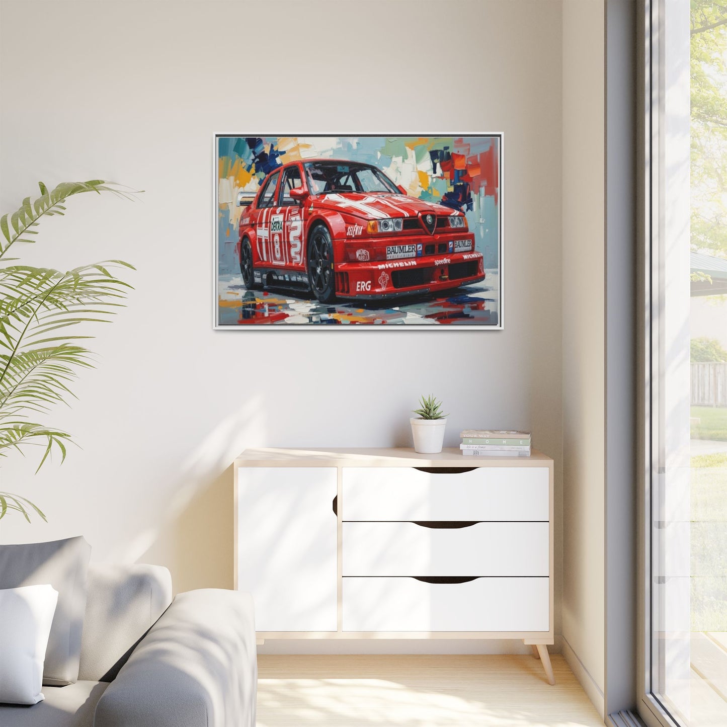 Framed Racing Car Canvas Print — Red Alfa Romeo Track Art
