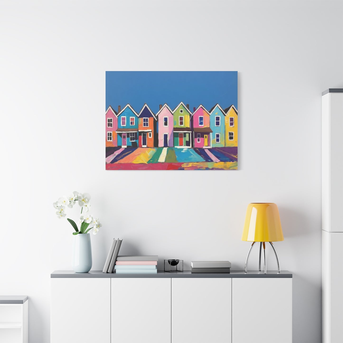Colorful Row Houses Matte Canvas Print Vibrant Coastal Neighborhood Wall Art