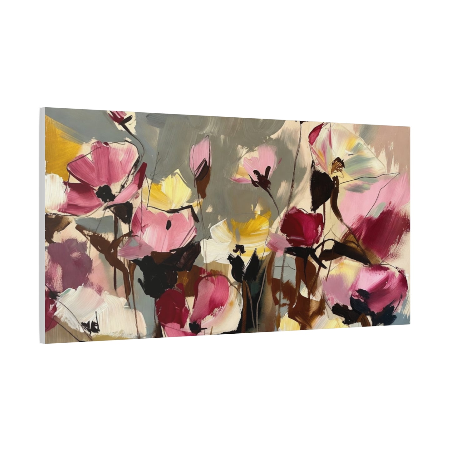 Floral Abstract Canvas Wall Art — Pink & Yellow Bloom Stretched Matte Print