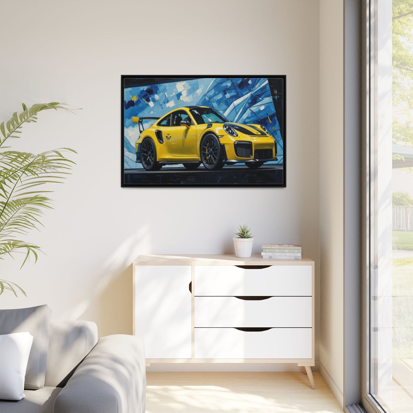 Yellow Porsche Sports Car Matte Framed Canvas – Modern Automotive Wall Art